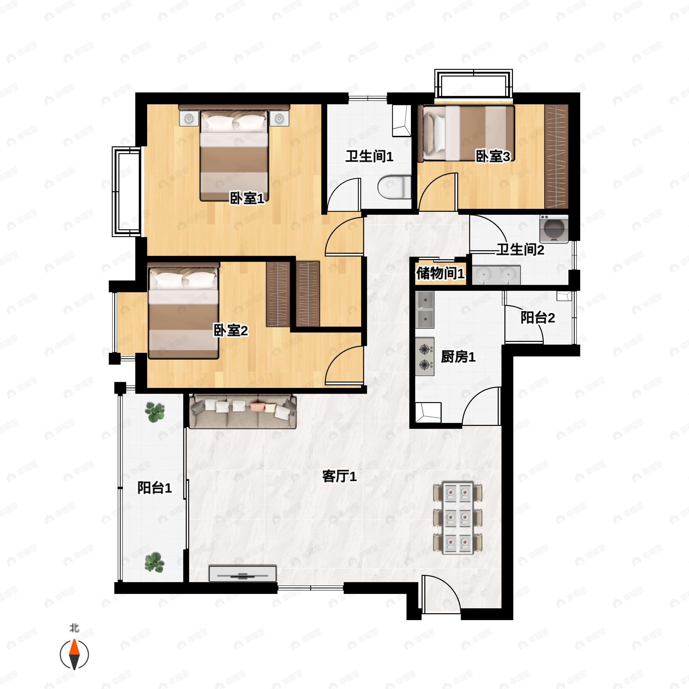 3室2厅2卫建面124平户型图