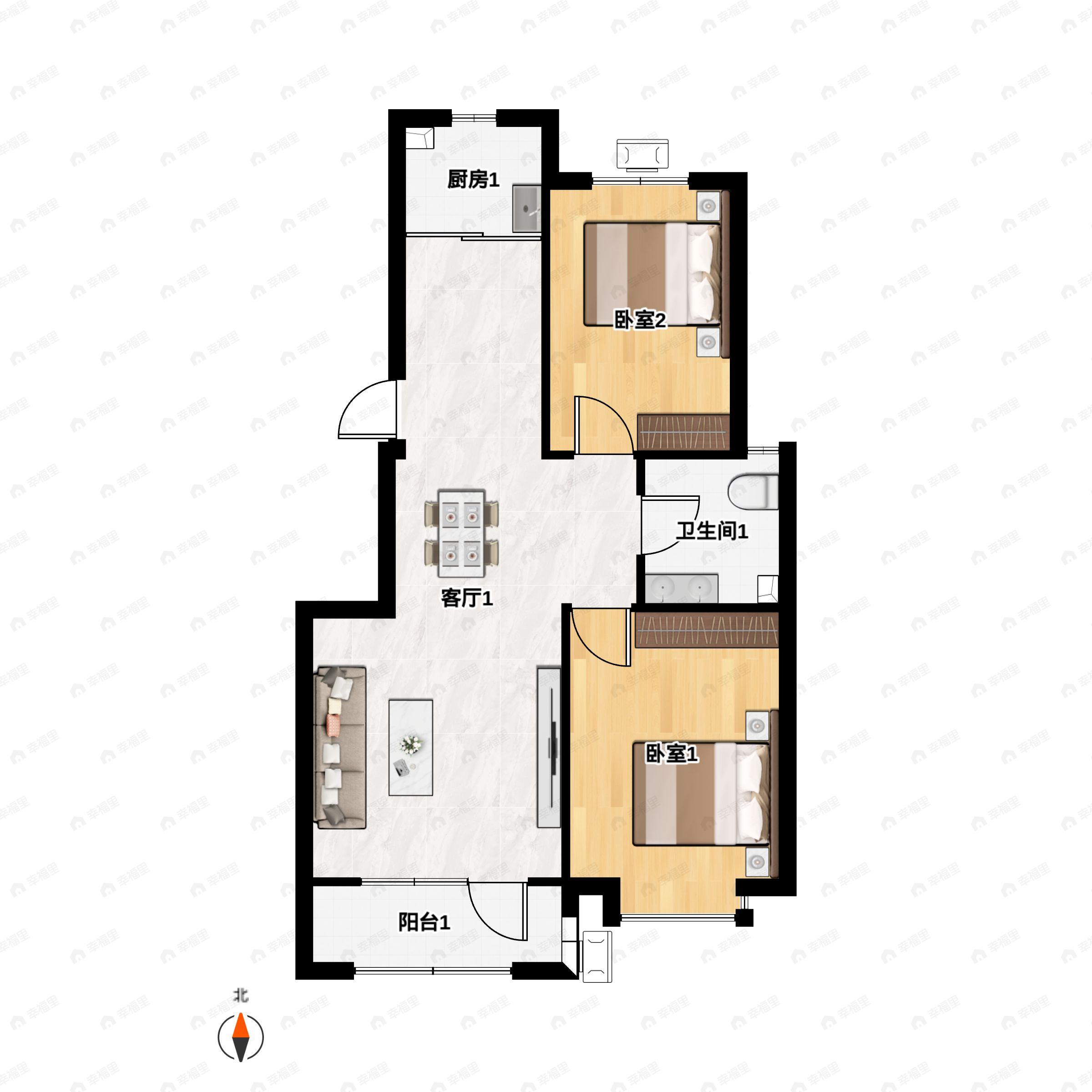 2室2厅1卫建面90m²南|北户型图
