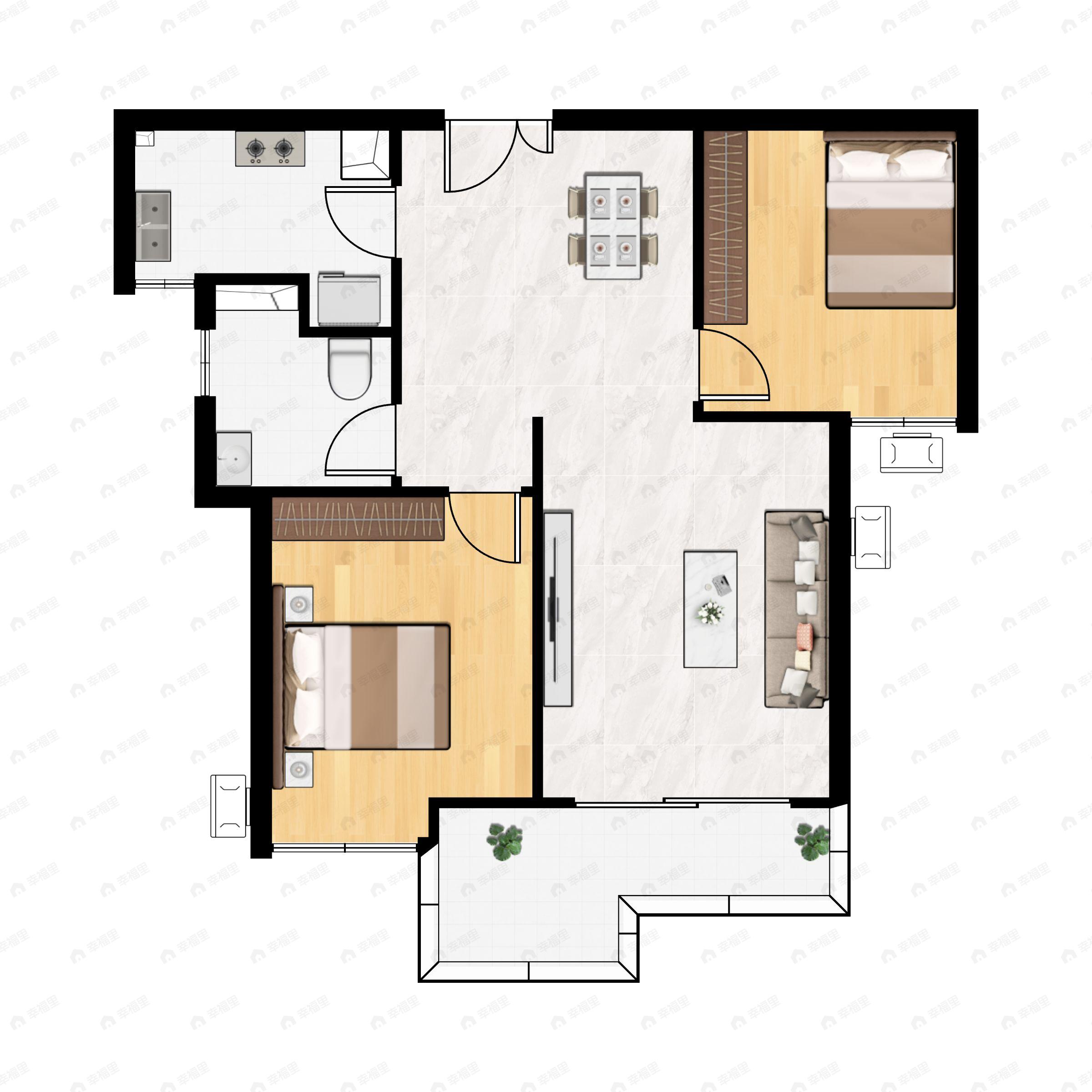 2室2厅1卫建面88m²南户型图