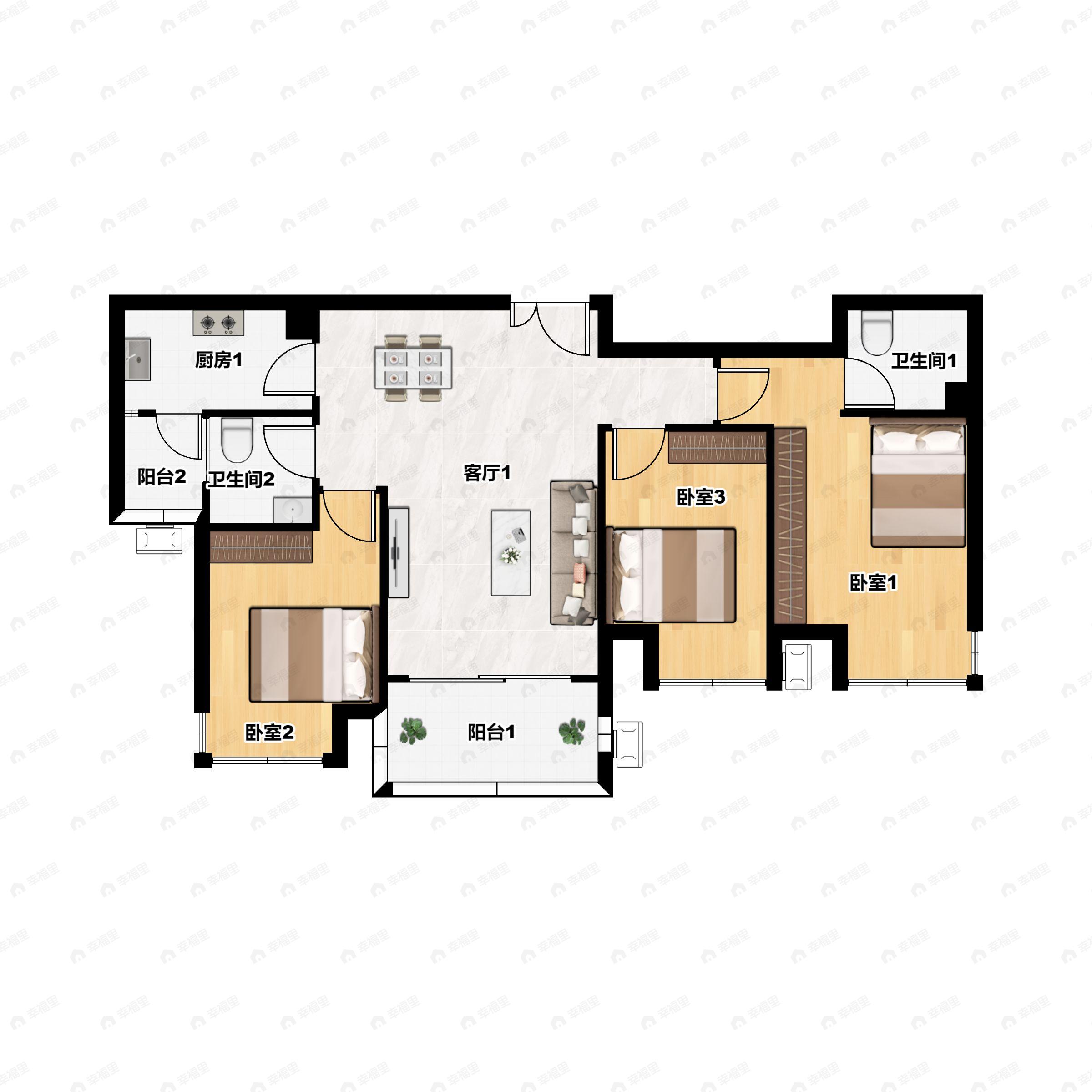 3室2厅2卫建面105平南户型图