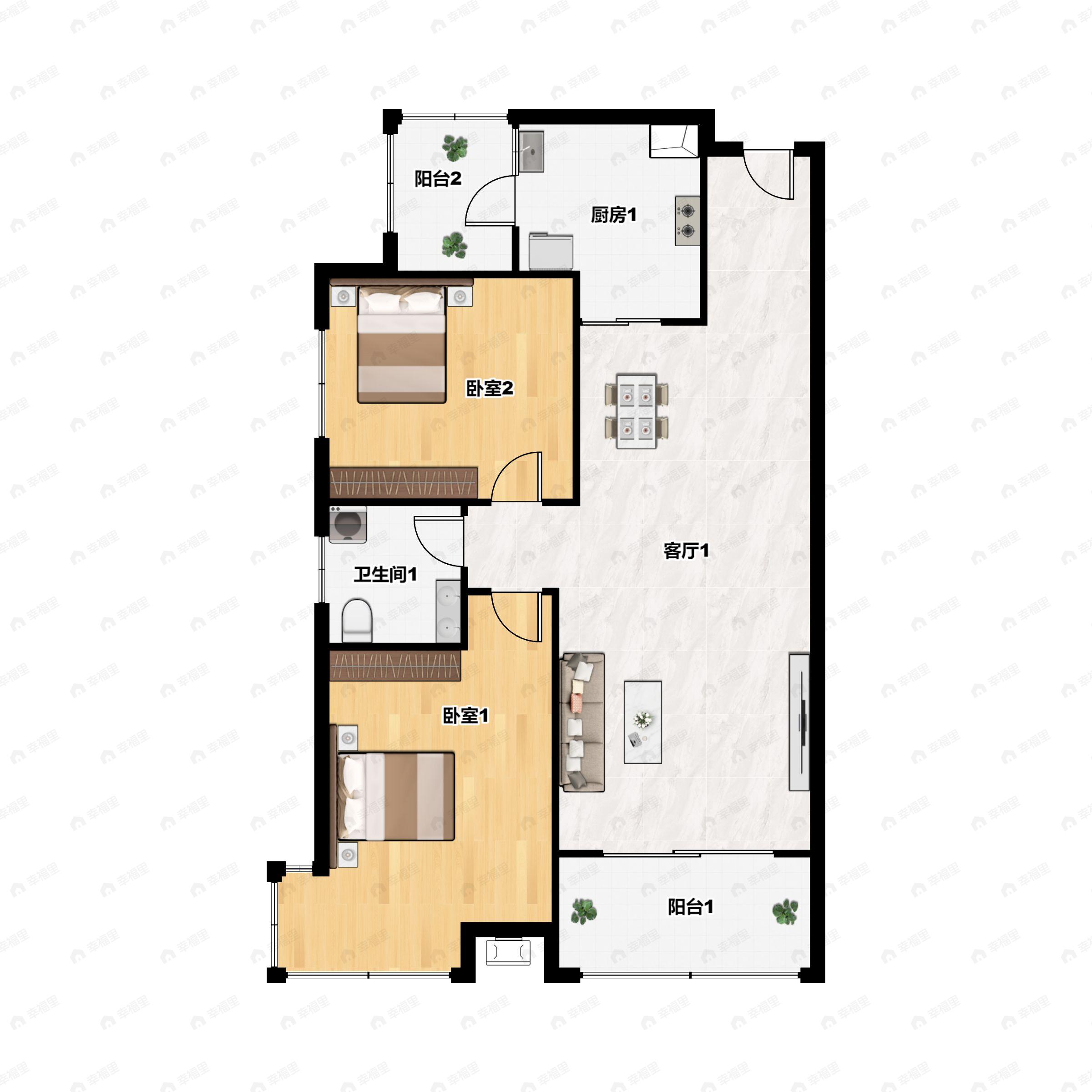 2室2厅1卫建面80平户型图