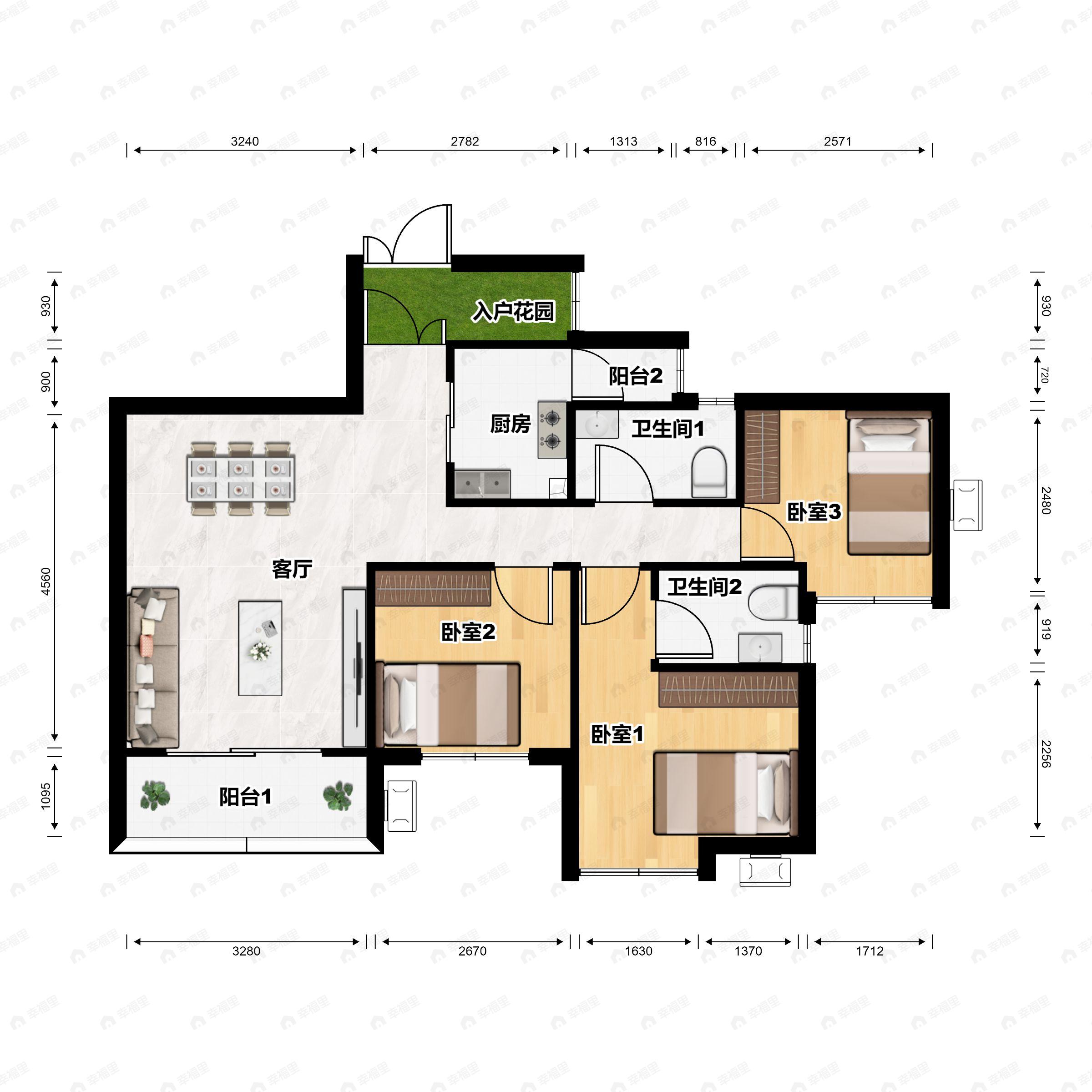 3室2厅2卫建面109平南户型图