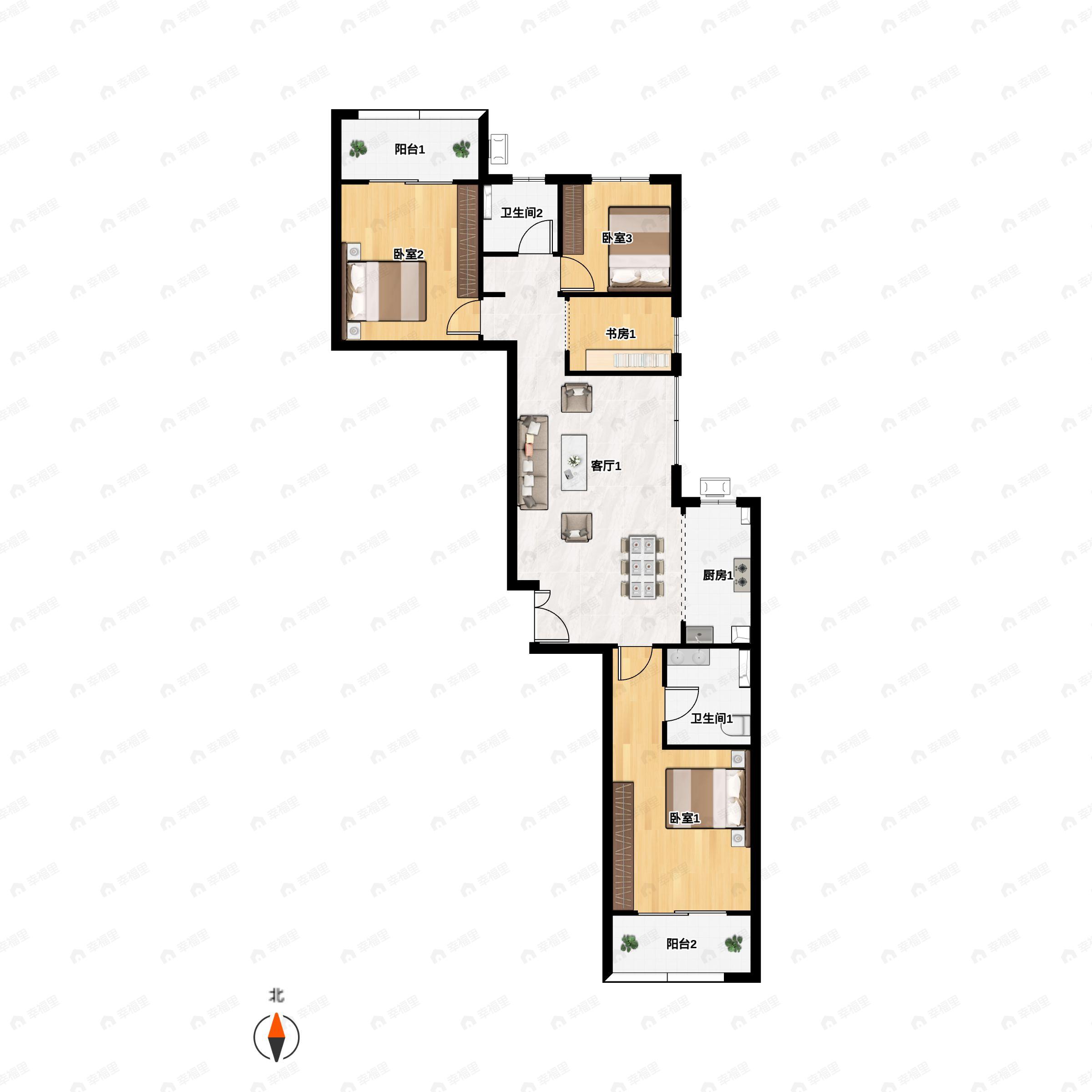 4室2厅2卫建面131平北|南户型图