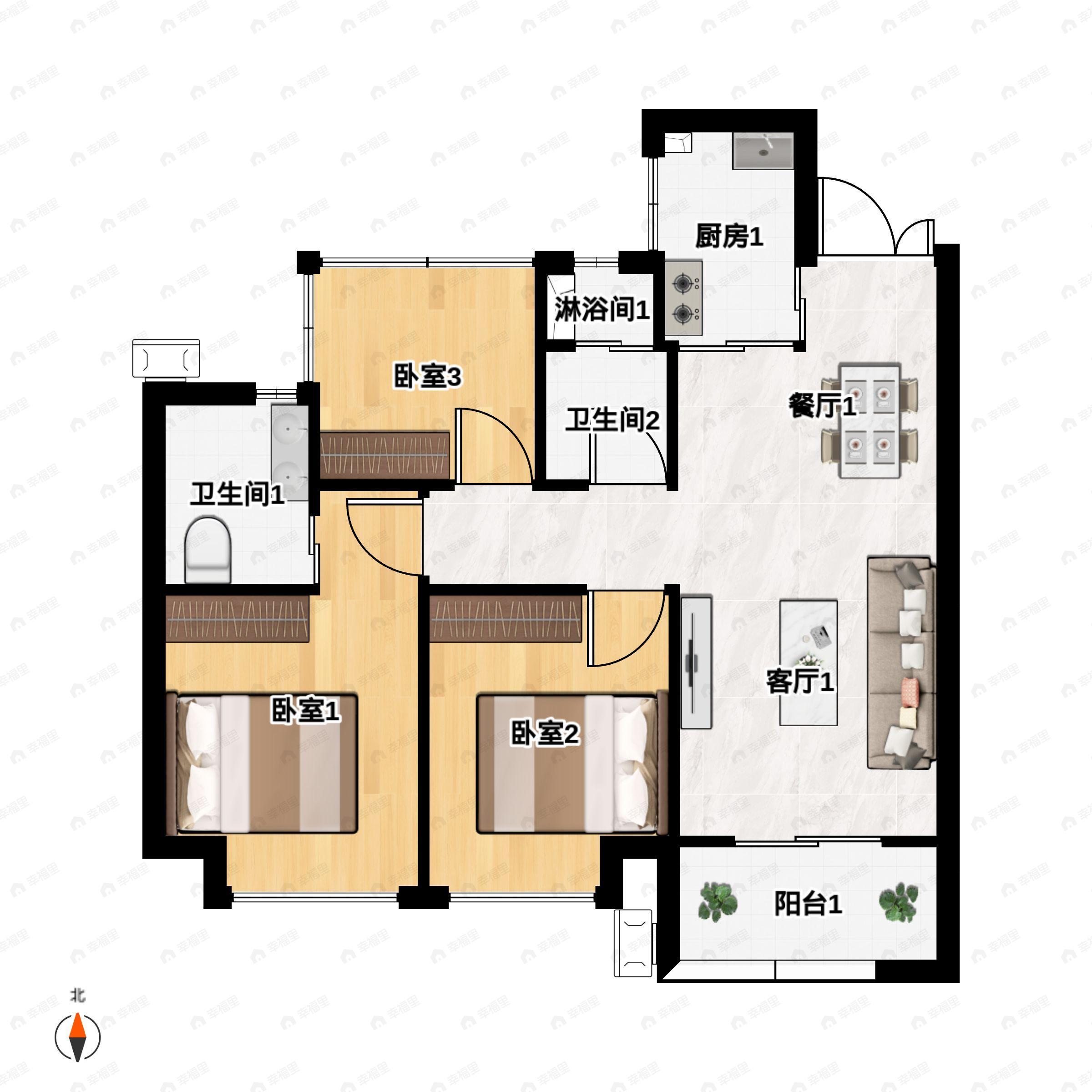 3室2厅2卫建面92m²南户型图