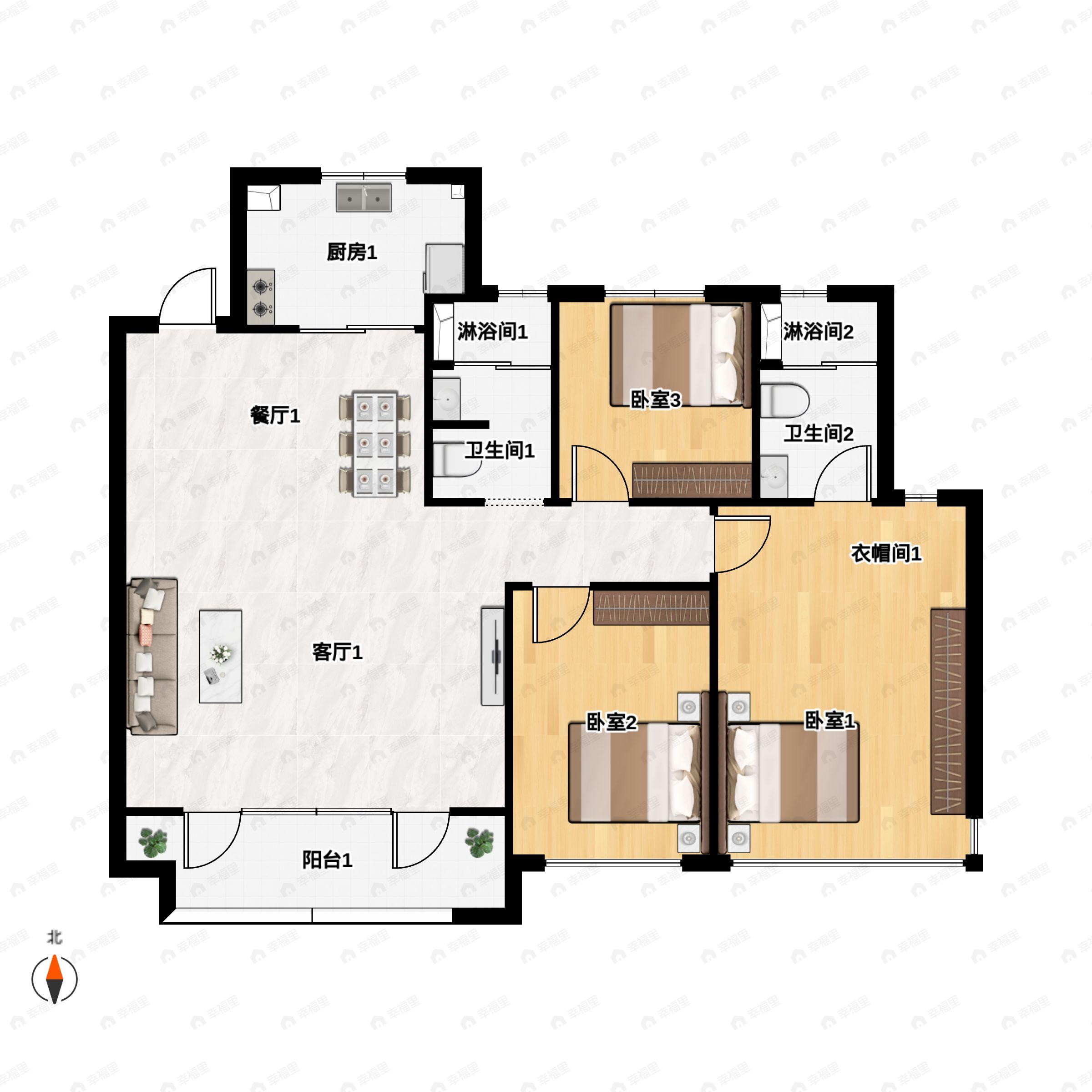 3室2厅2卫建面125平户型图