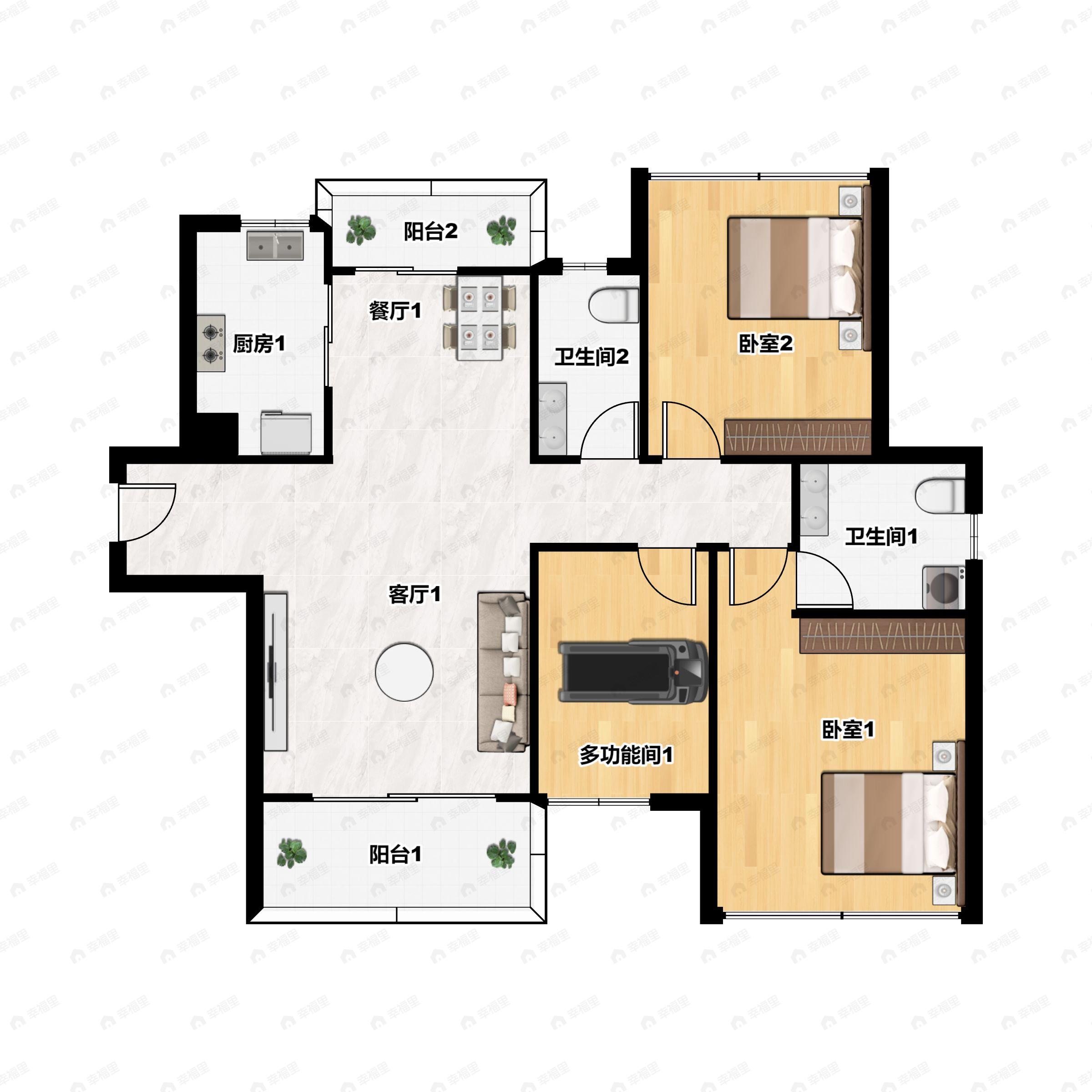 3室2厅2卫建面108m²南户型图