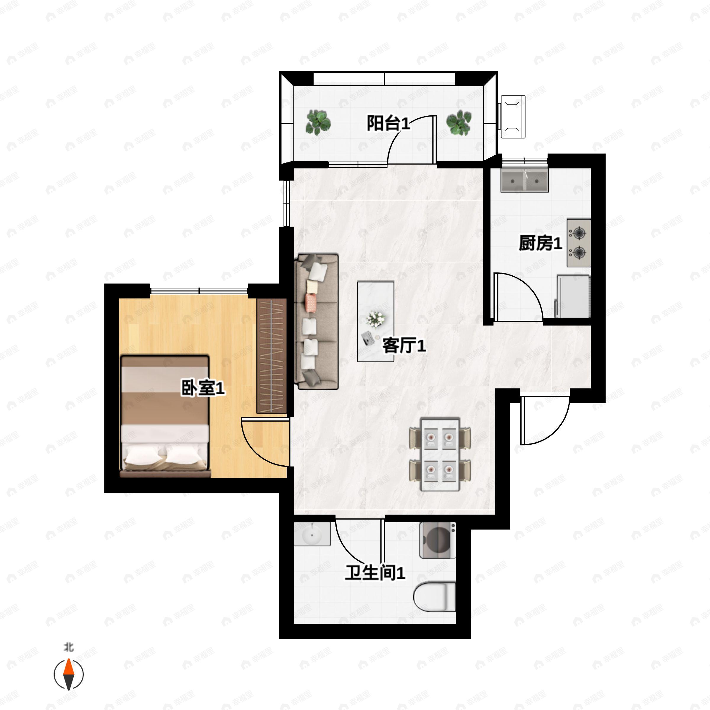 1室1厅1卫建面48平户型图