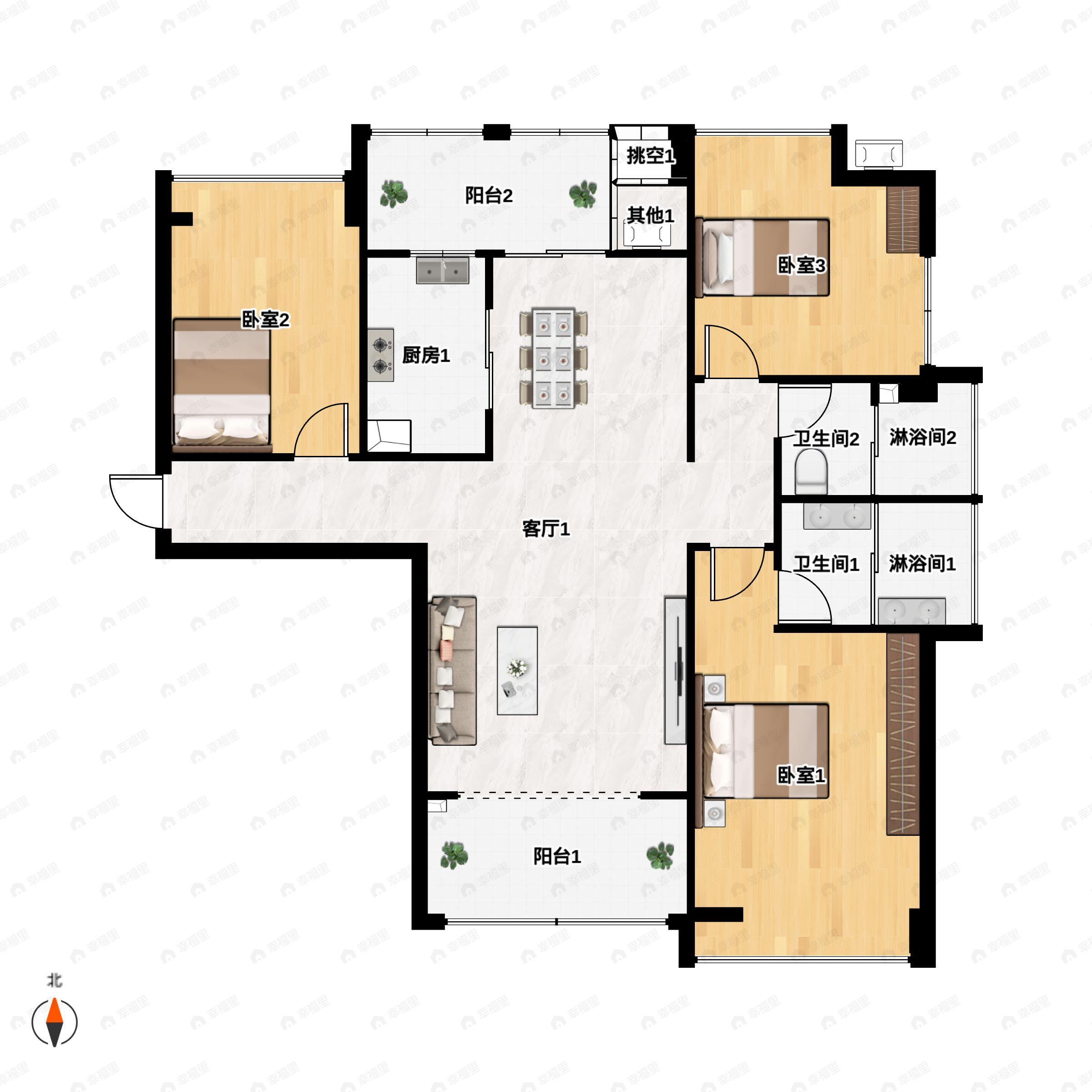 3室2厅2卫建面118平户型图