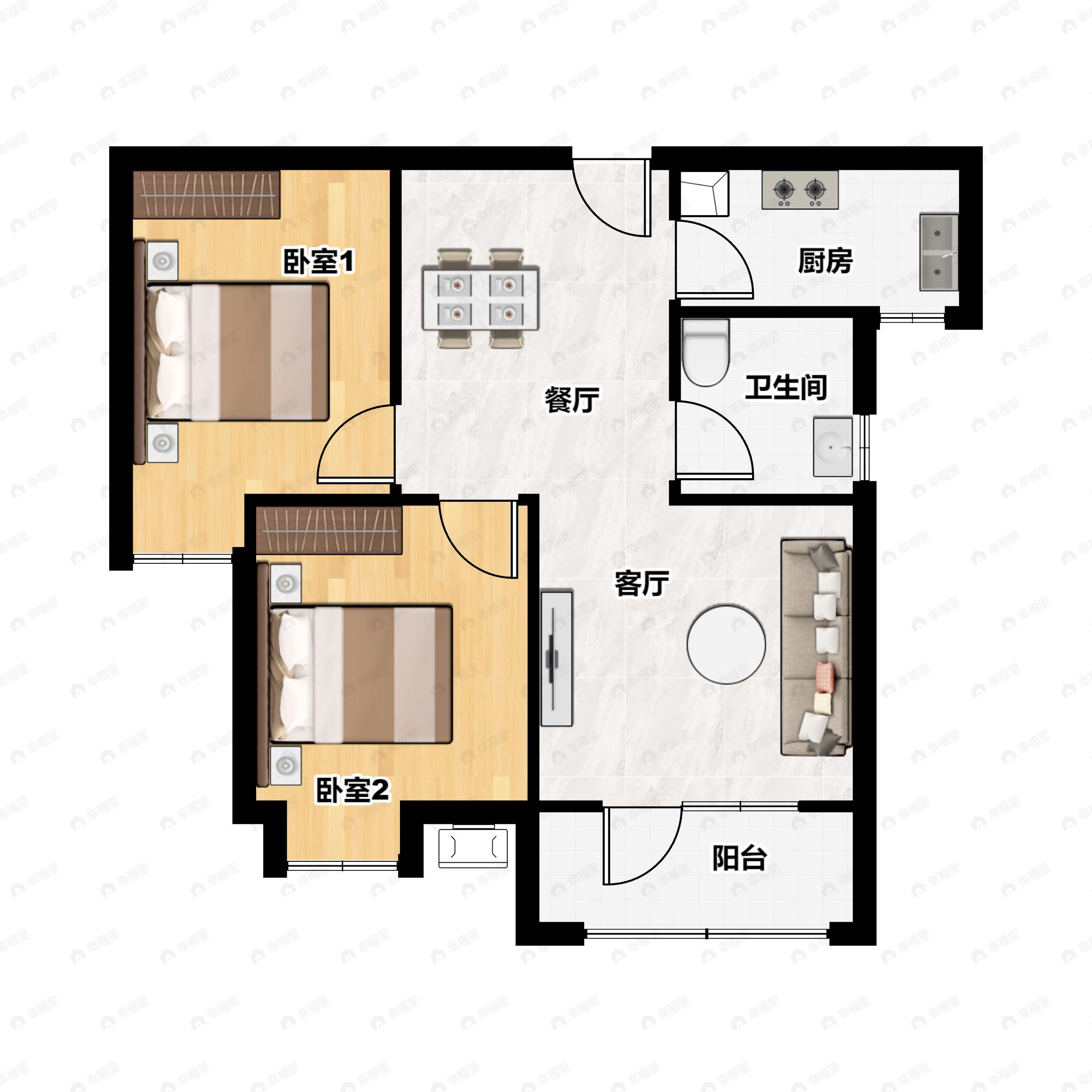 2室2厅1卫建面71m²北|南户型图