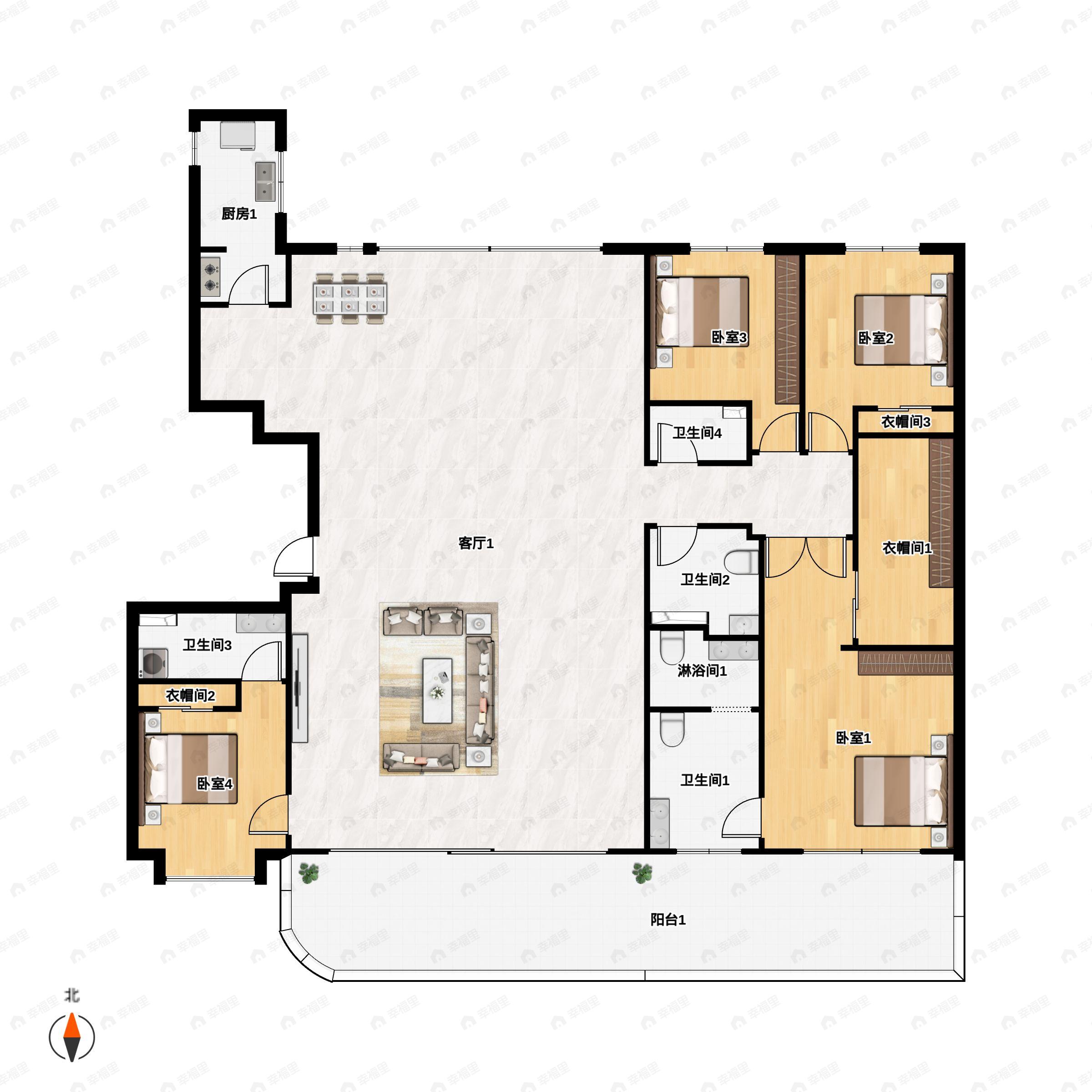 4室2厅3卫建面300平南|北户型图