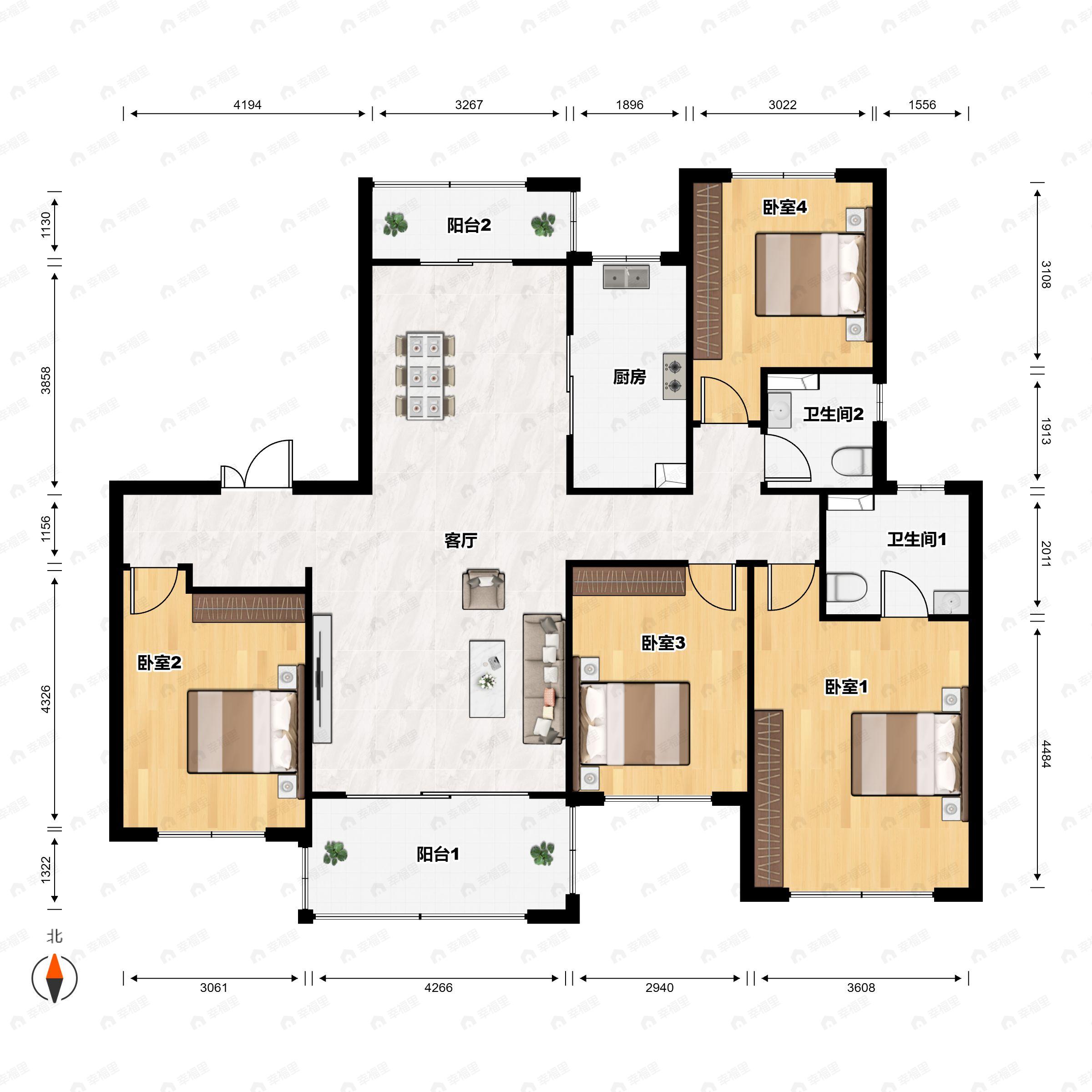 4室2厅2卫建面148平南户型图