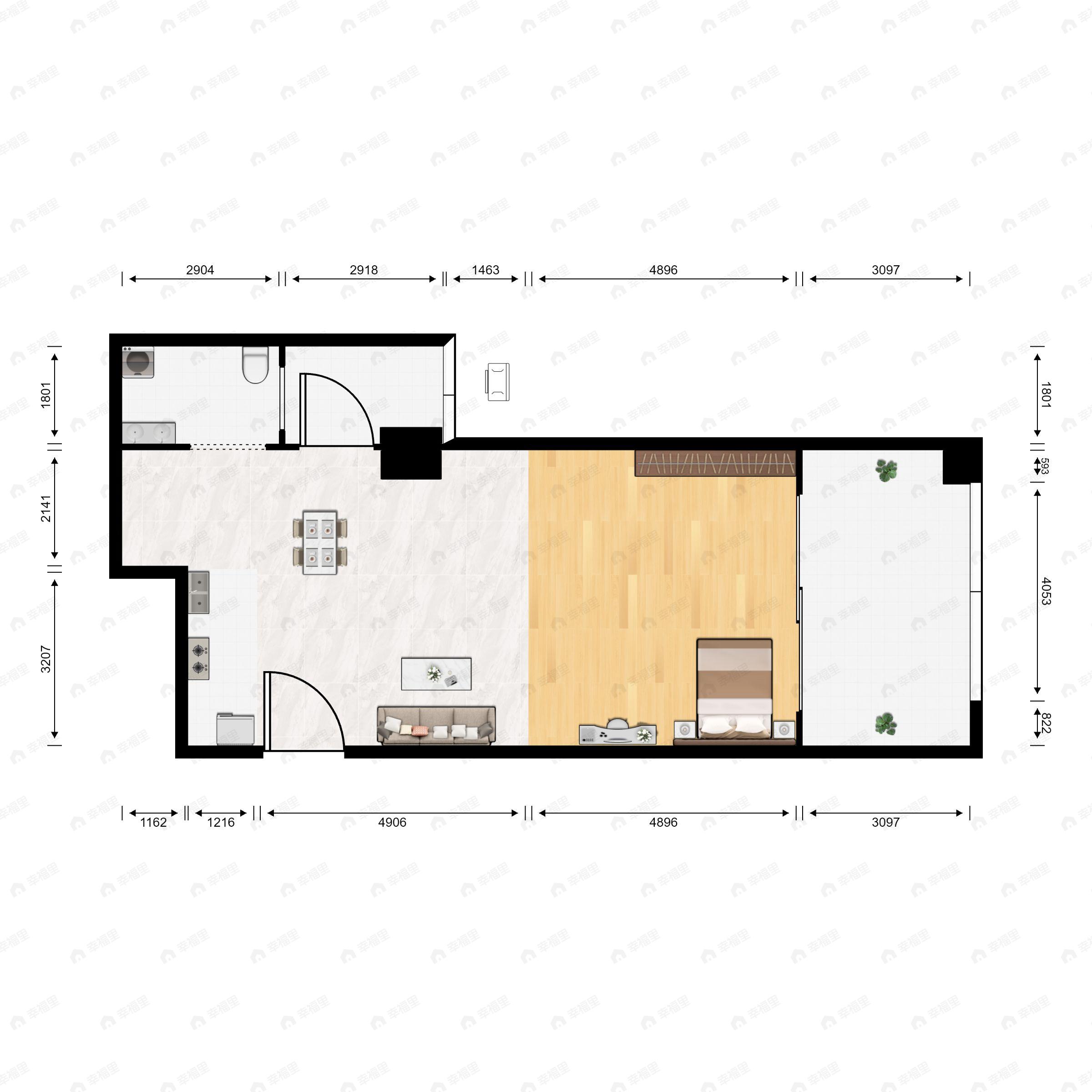 1室1厅1卫建面35m²东北户型图