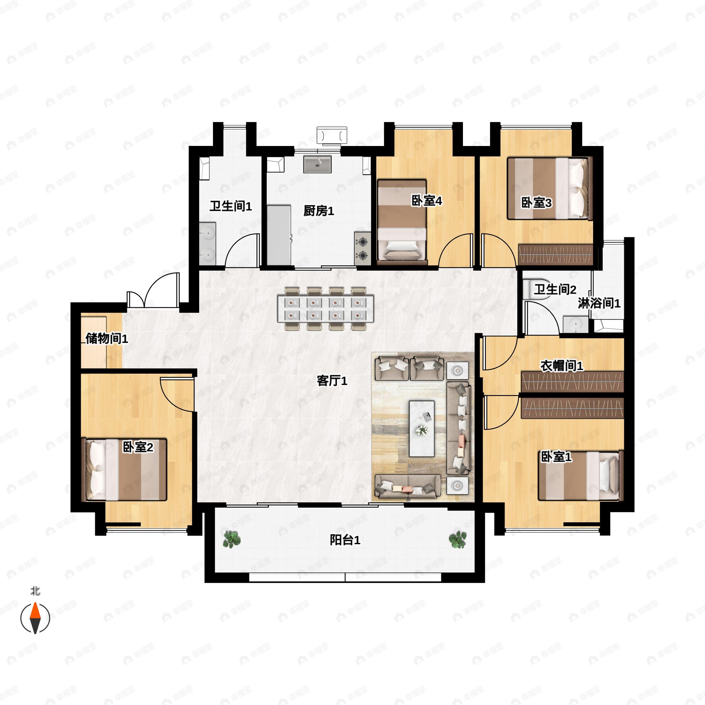 4室2厅2卫建面138平西南户型图