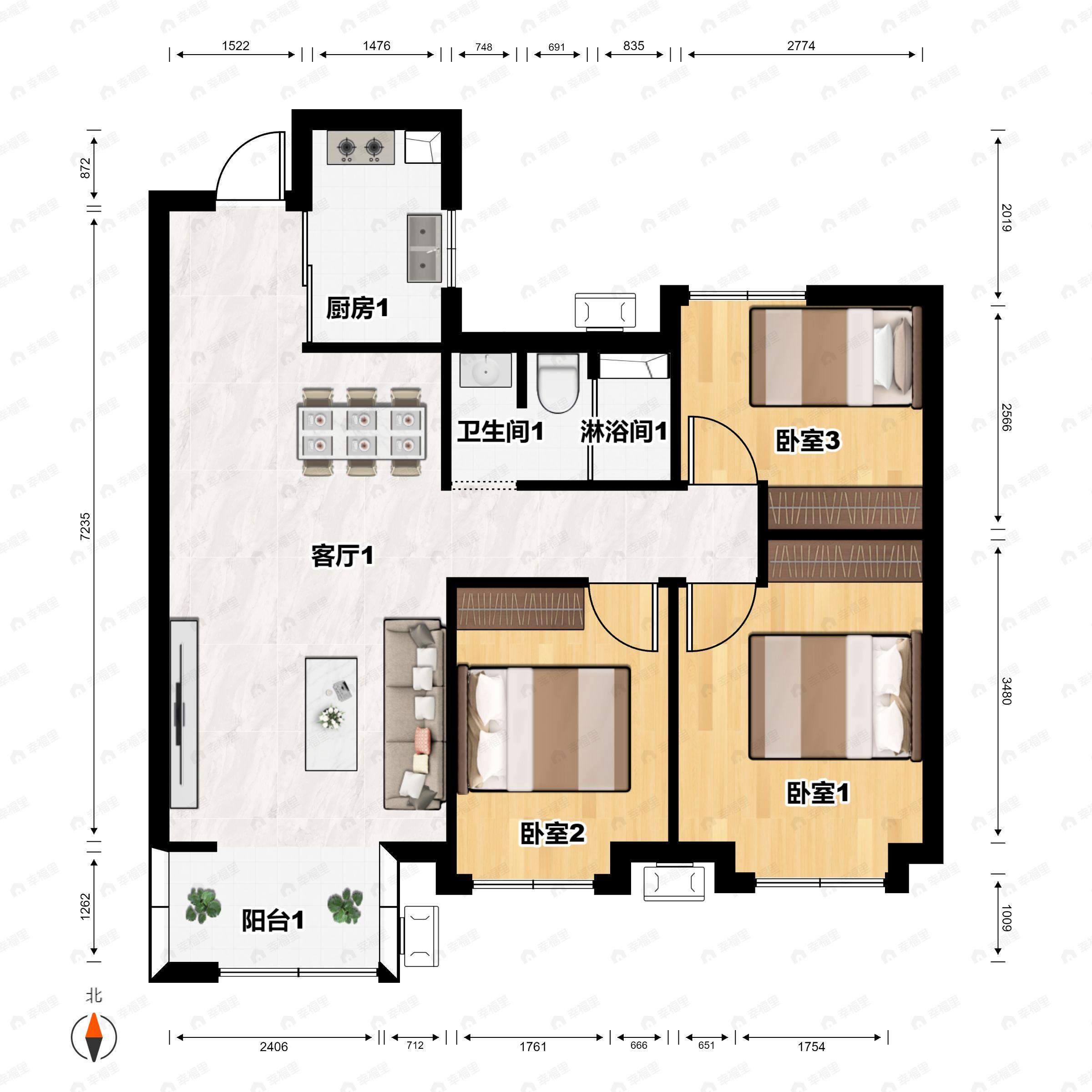 3室2厅1卫建面96平南户型图
