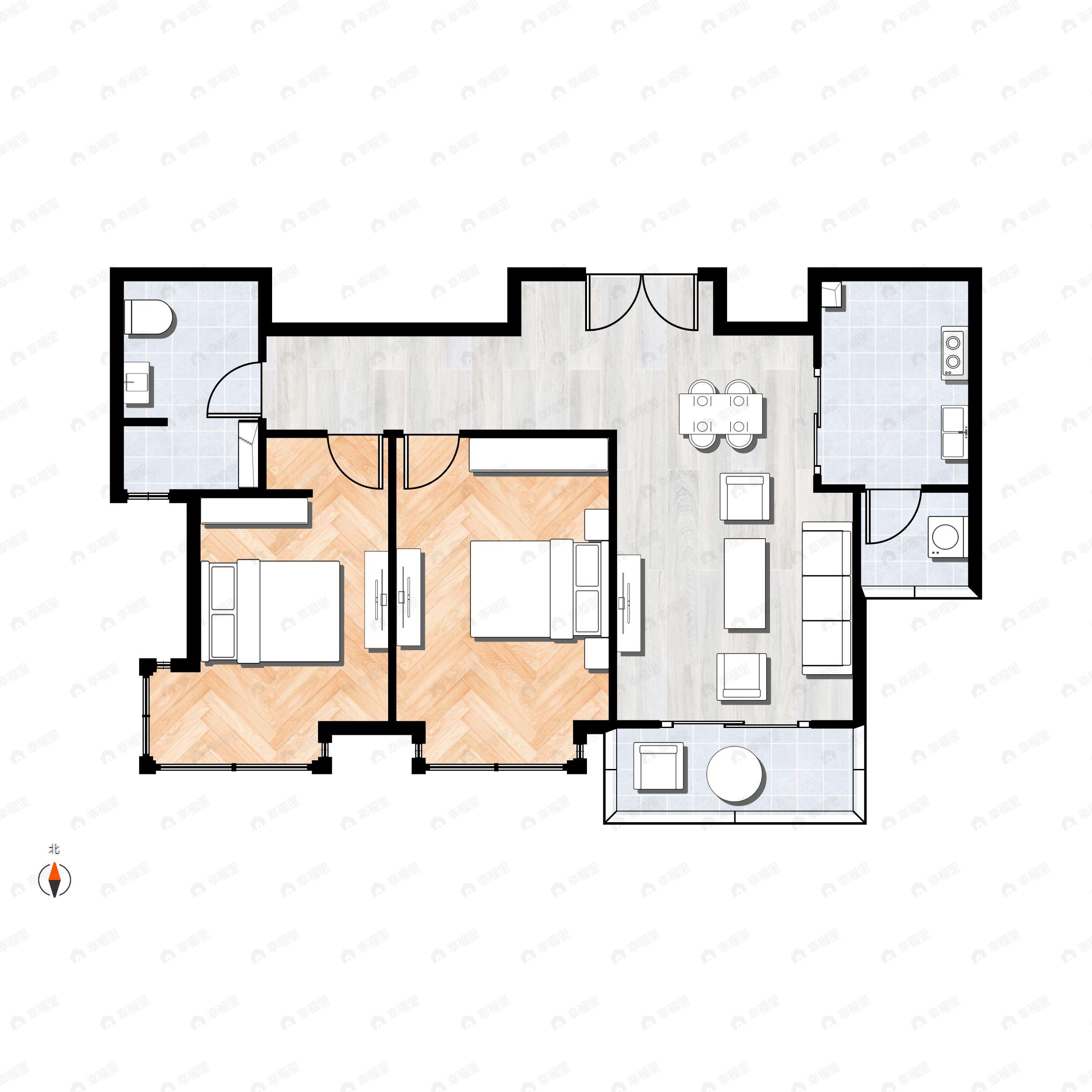 2室2厅1卫建面101m²南户型图