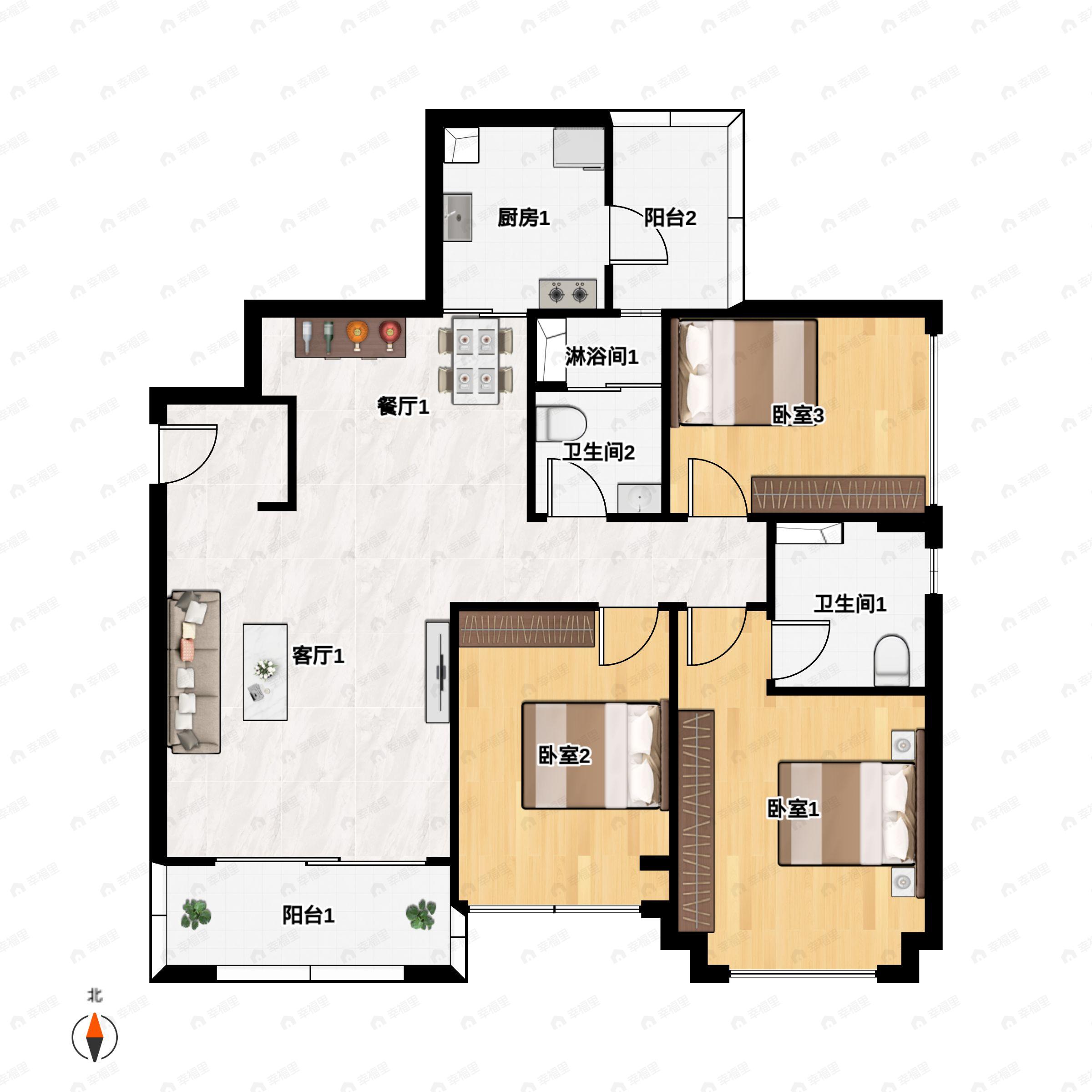 3室2厅2卫建面102平户型图