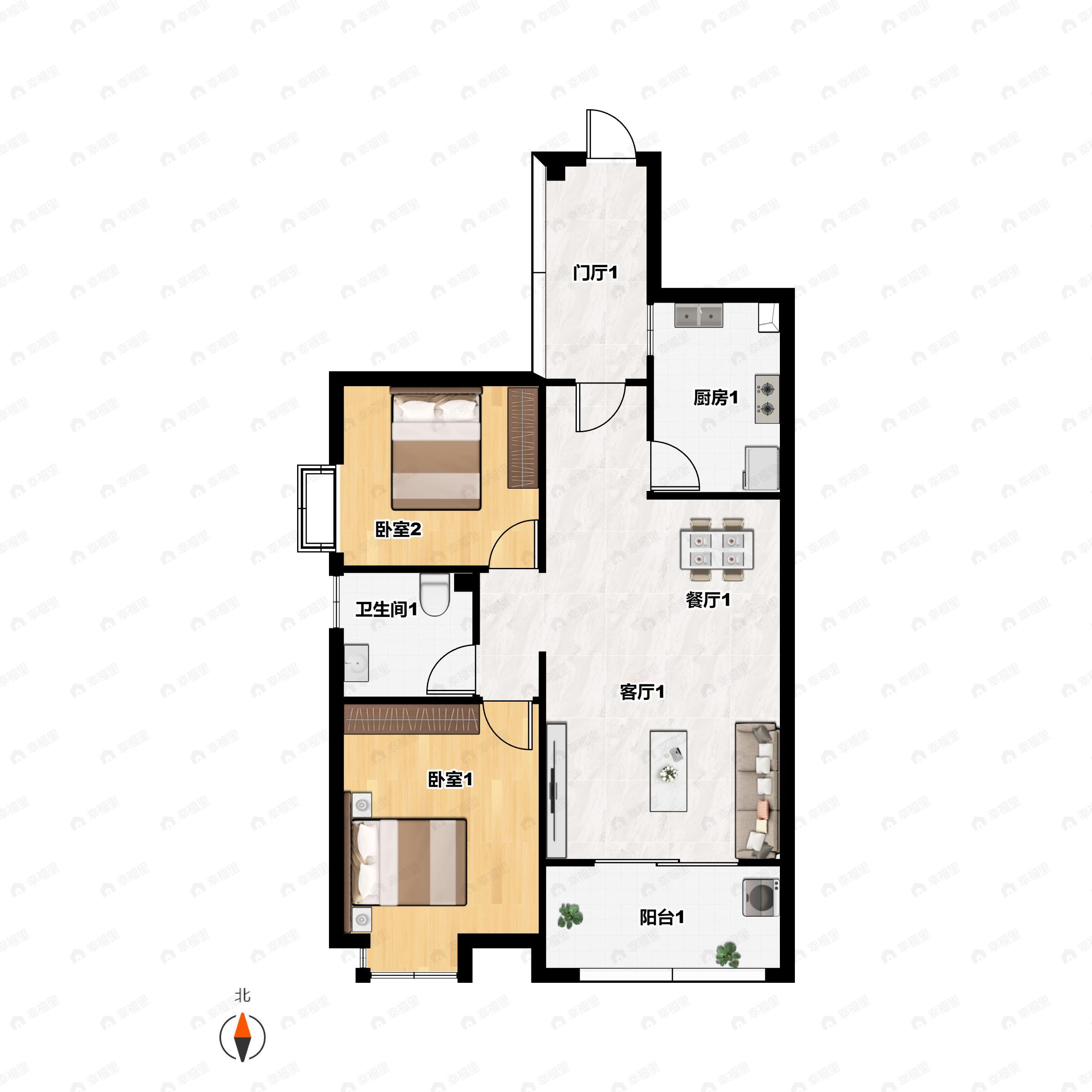 2室2厅1卫建面86平西|南户型图