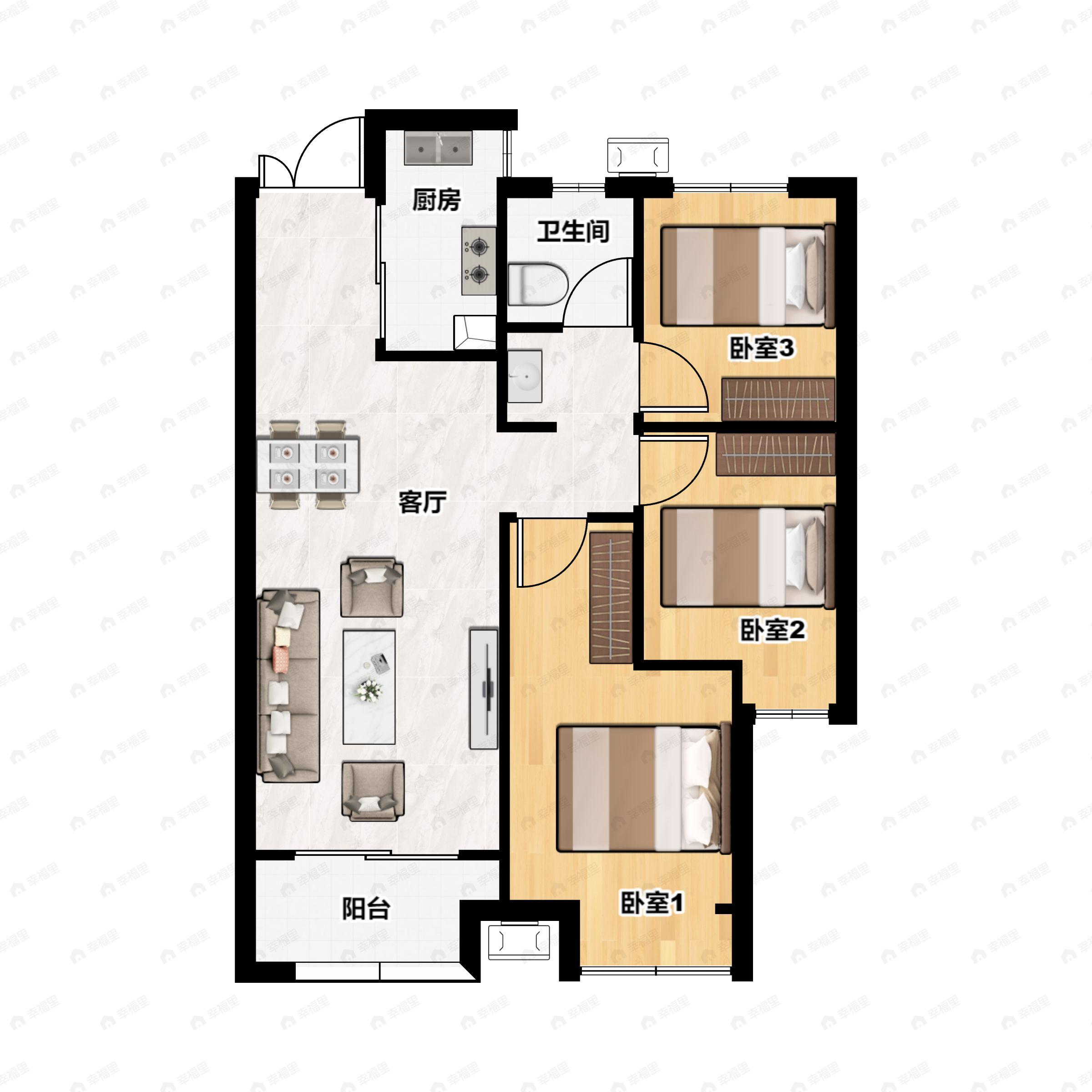 3室2厅1卫建面101平户型图