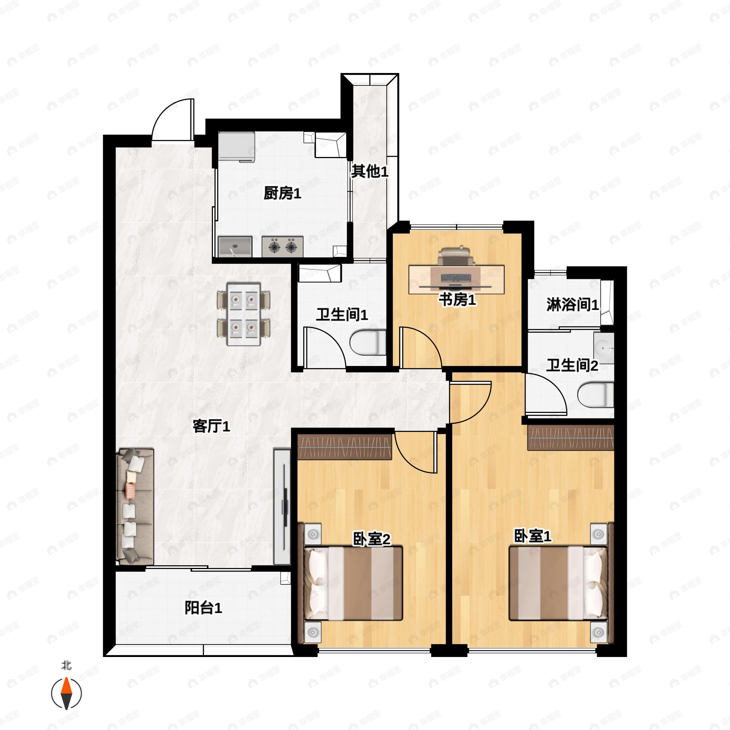 3室2厅2卫建面97m²北|南户型图