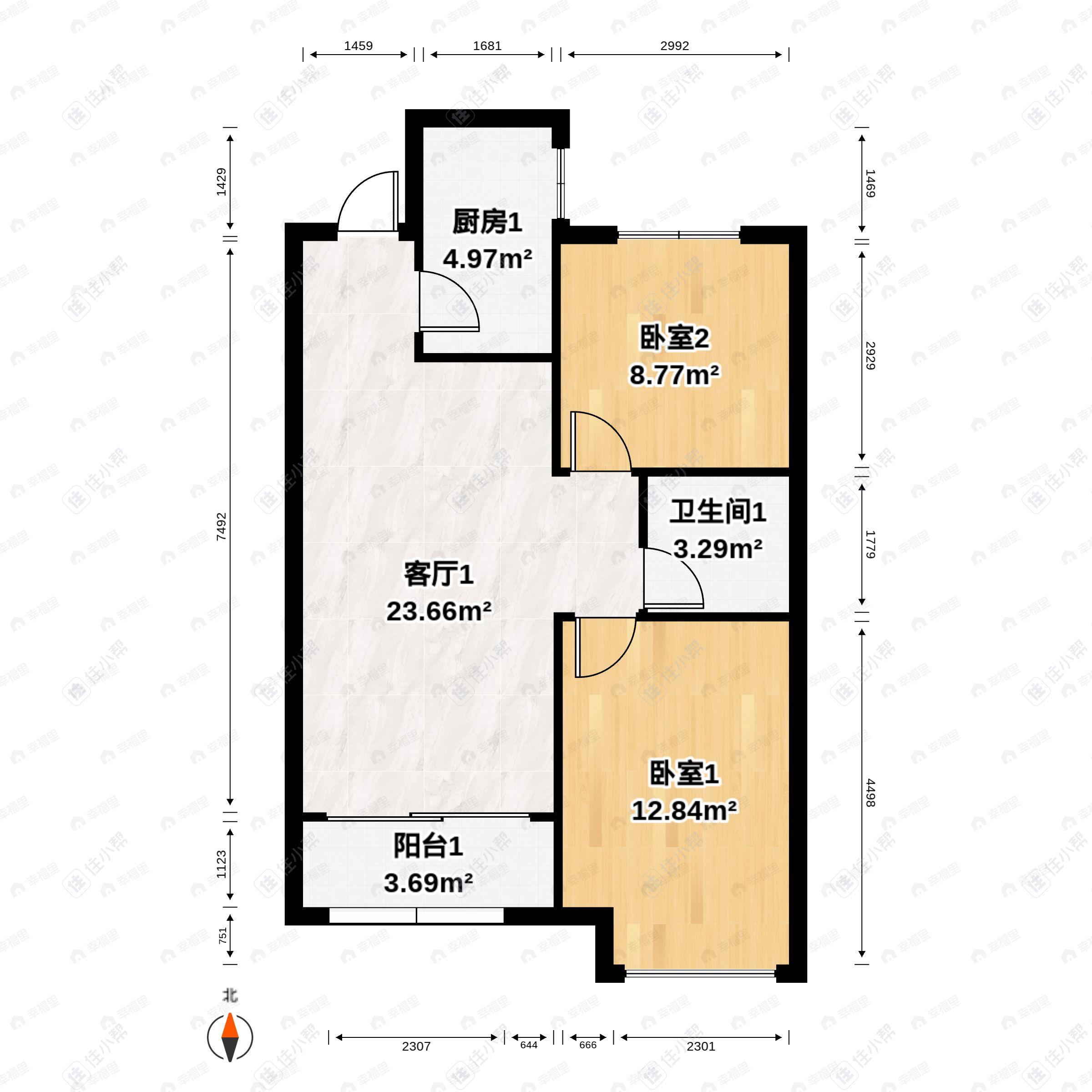 2室2厅1卫建面88平户型图