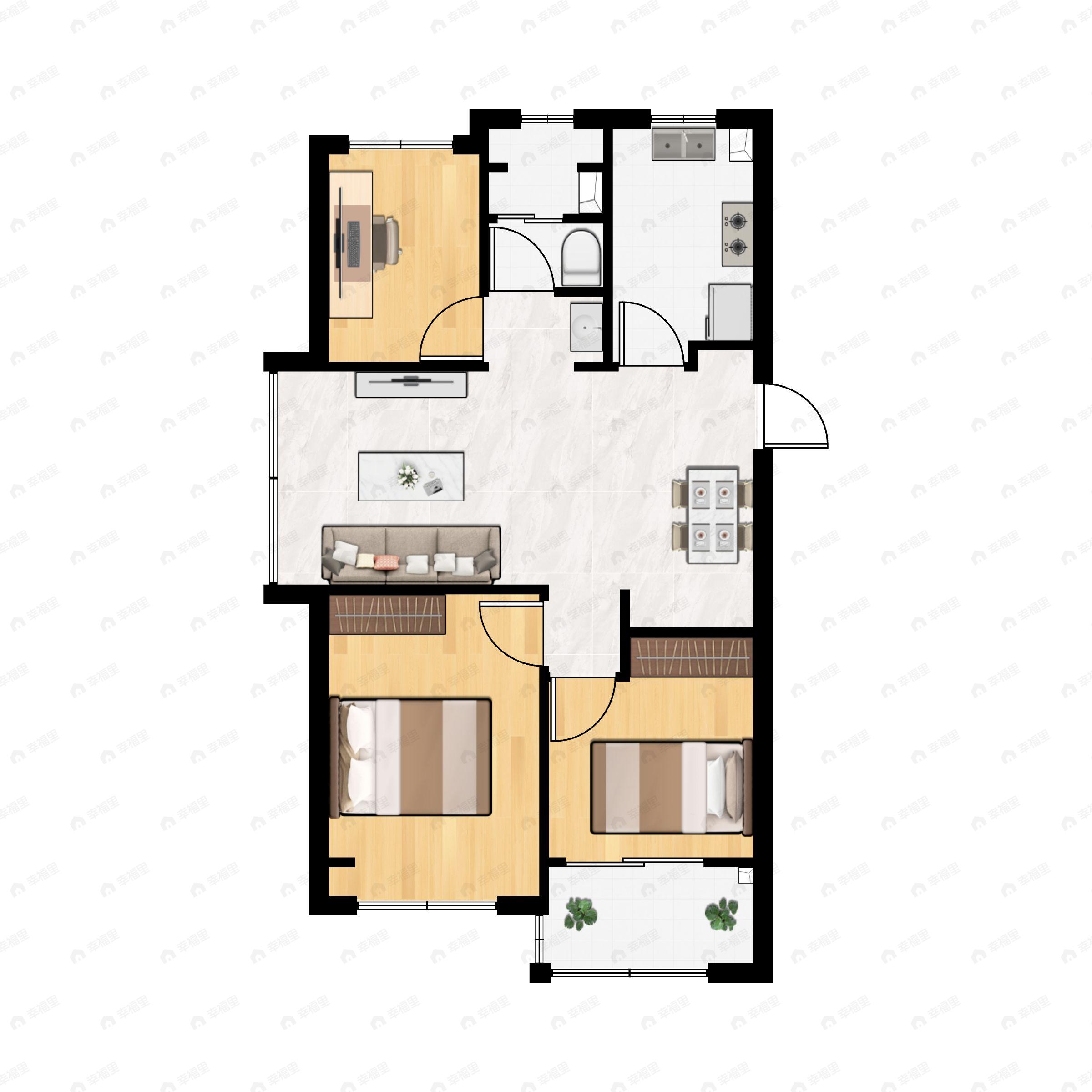 3室2厅1卫建面85m²北|南户型图