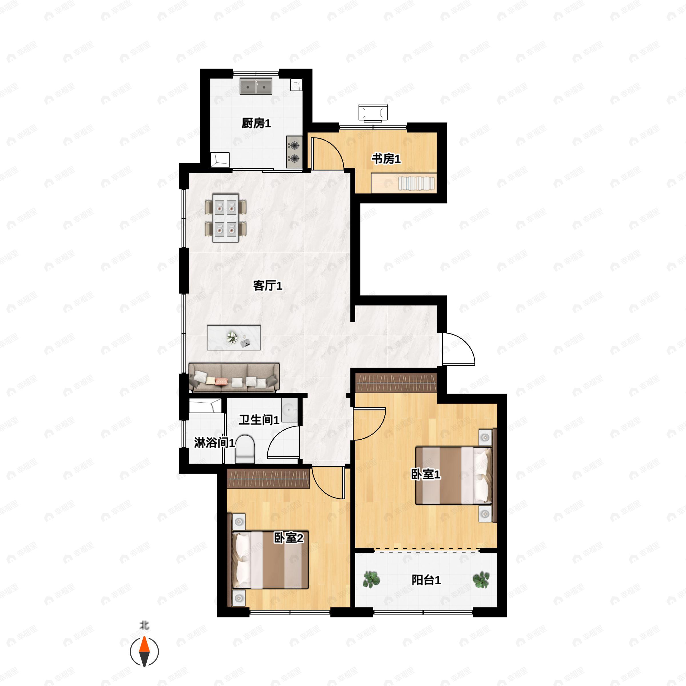 3室2厅1卫建面108m²北|南户型图