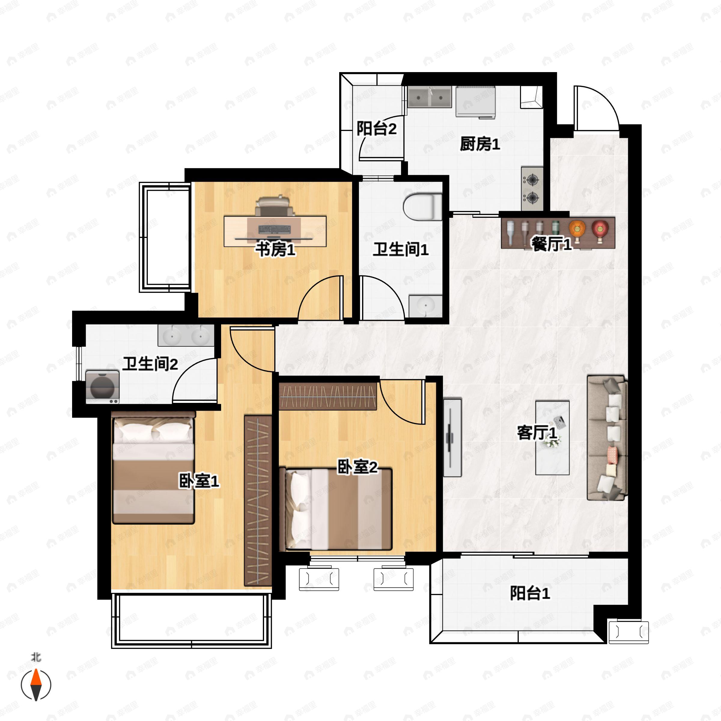 3室2厅2卫建面95平南|北户型图