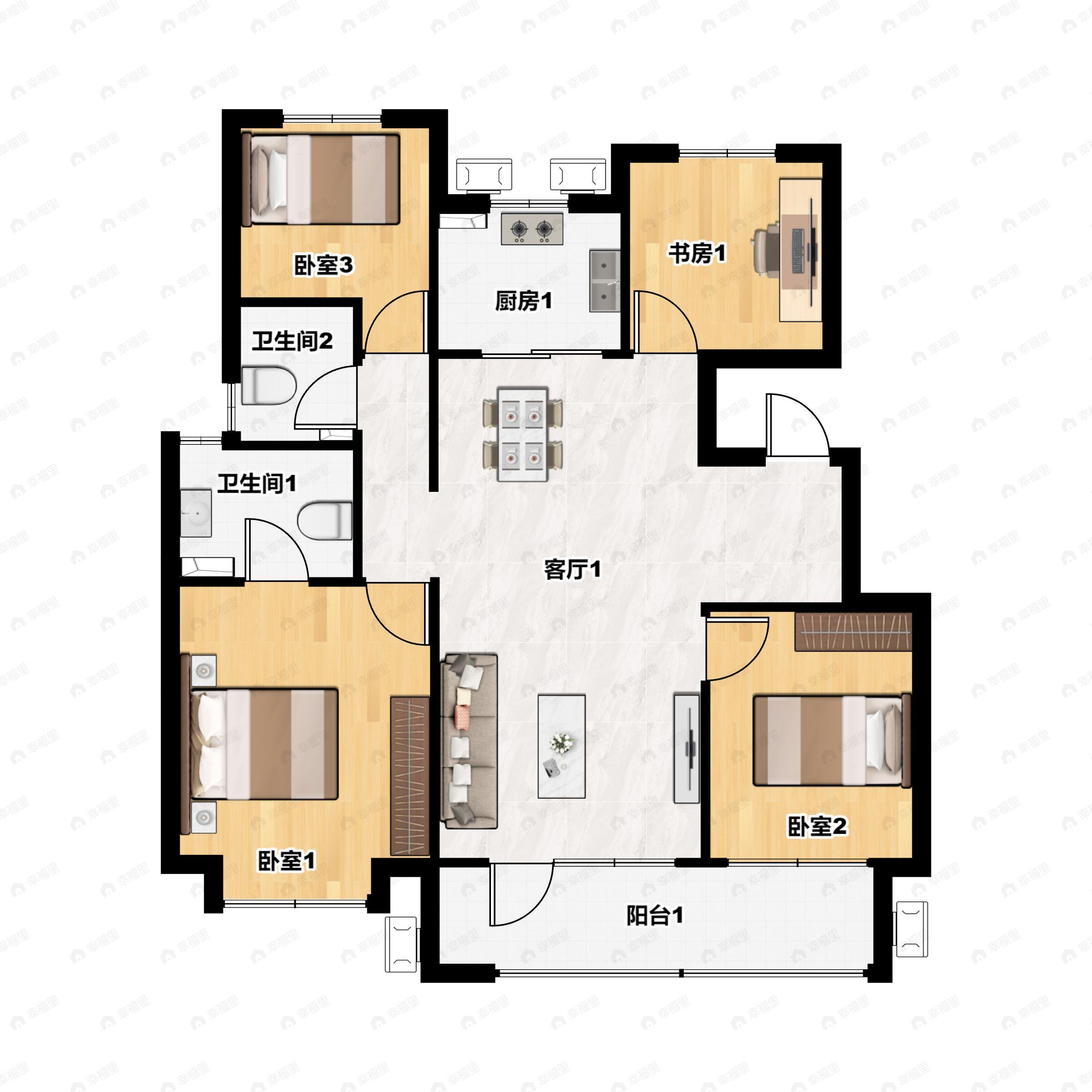3室2厅2卫建面128平户型图