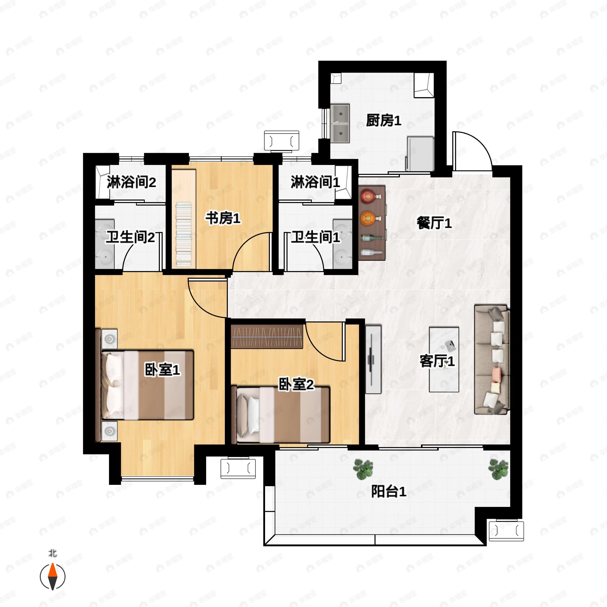 3室2厅2卫建面101平户型图