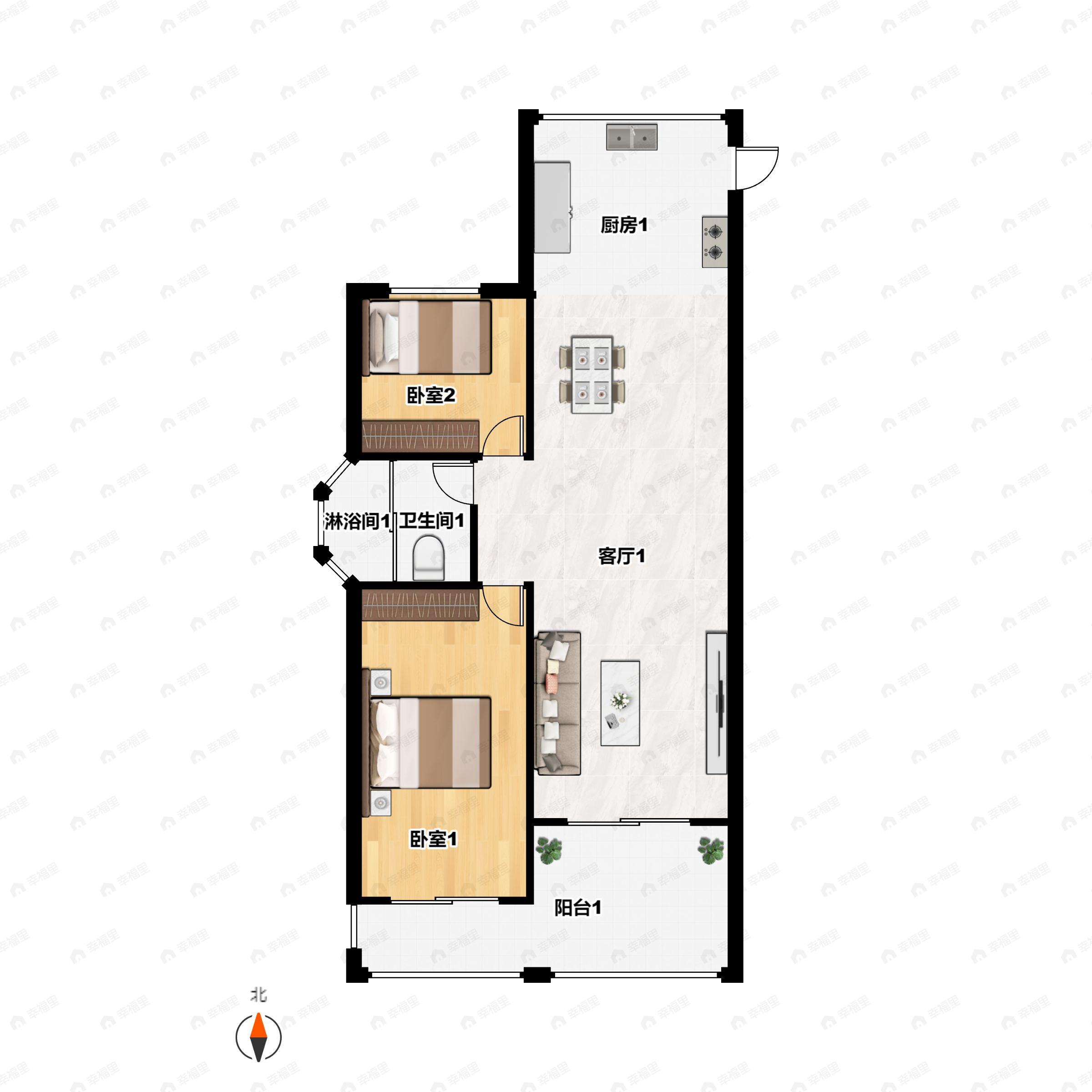 2室2厅1卫建面87m²南|北户型图