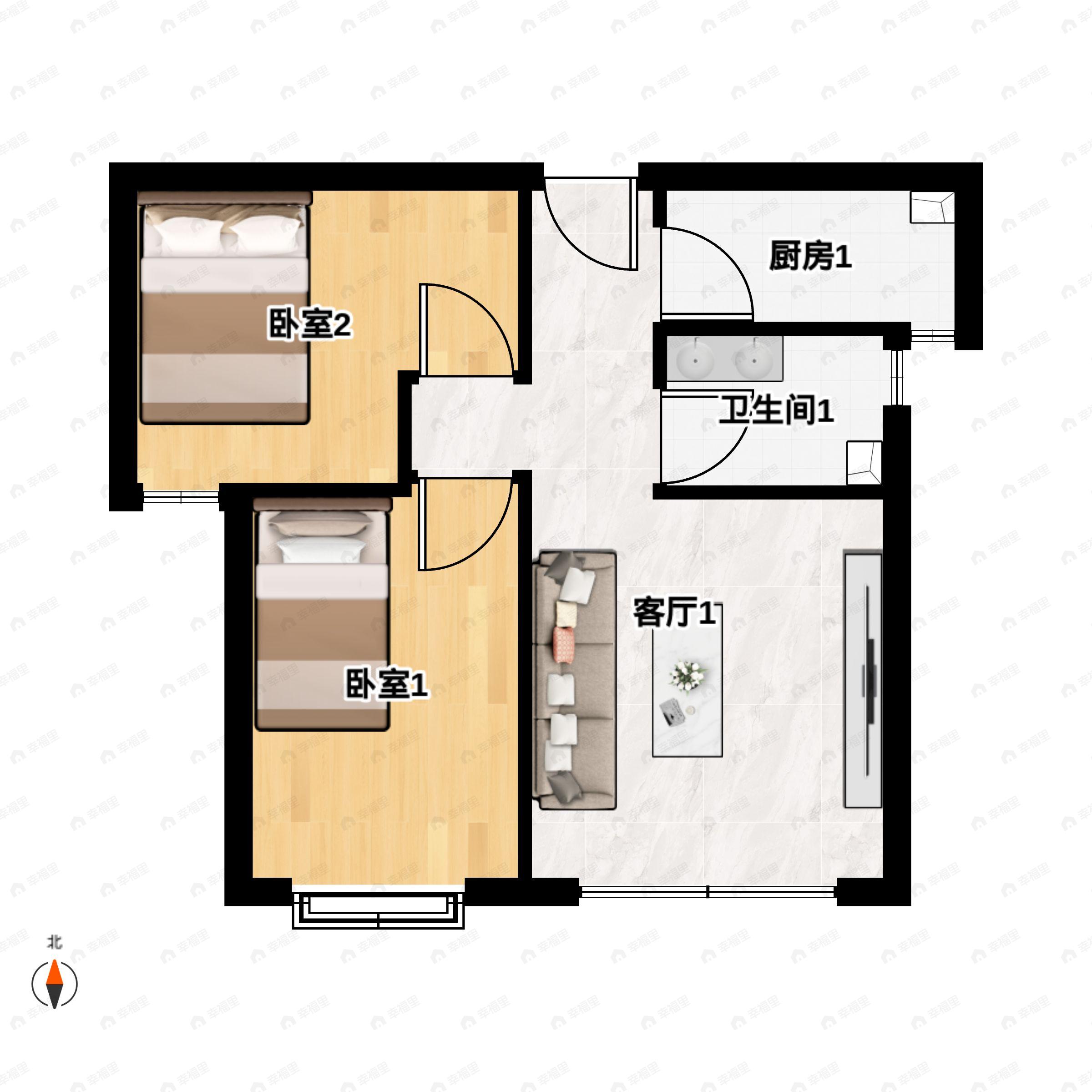 2室1厅1卫建面76平南户型图