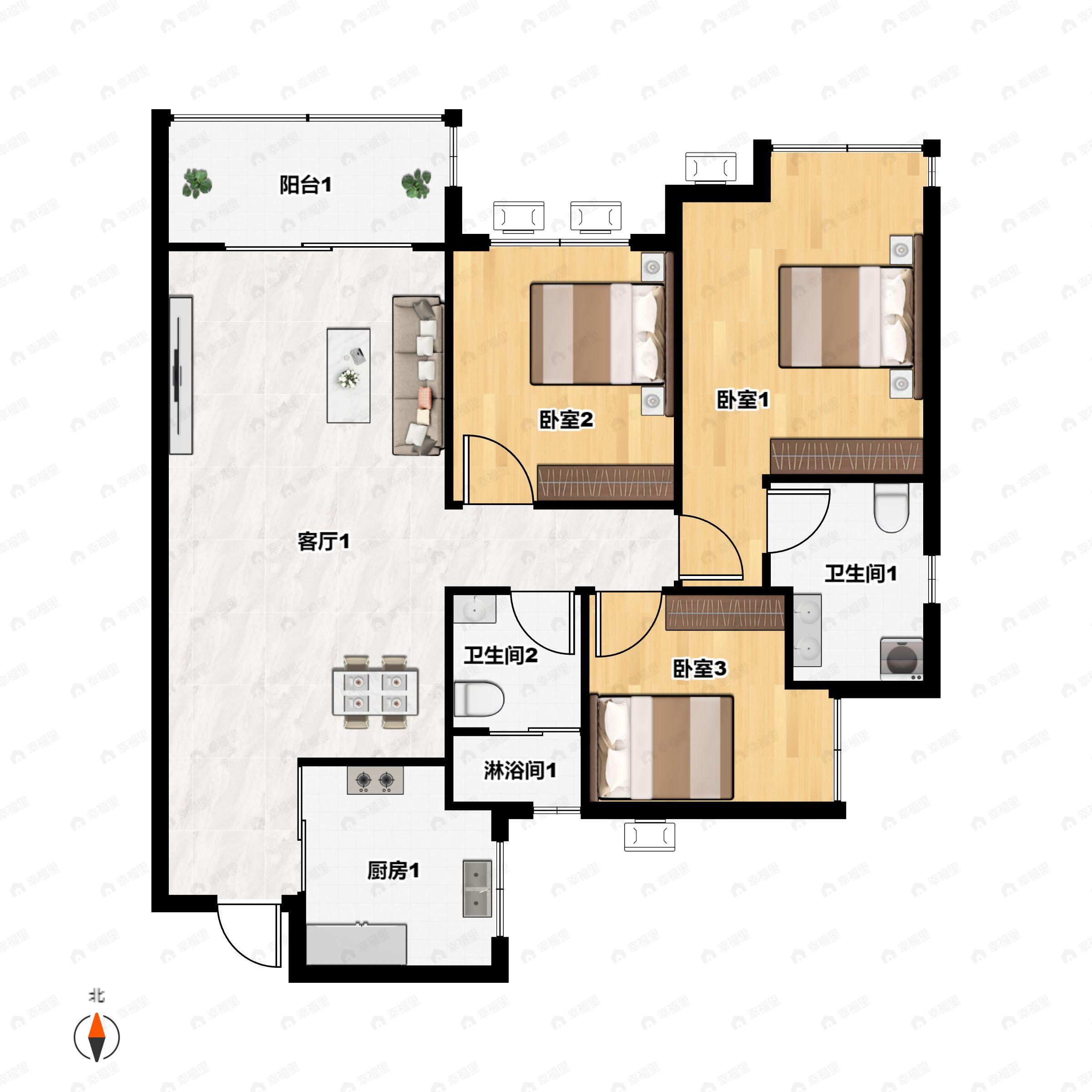 3室2厅2卫建面96平东南户型图