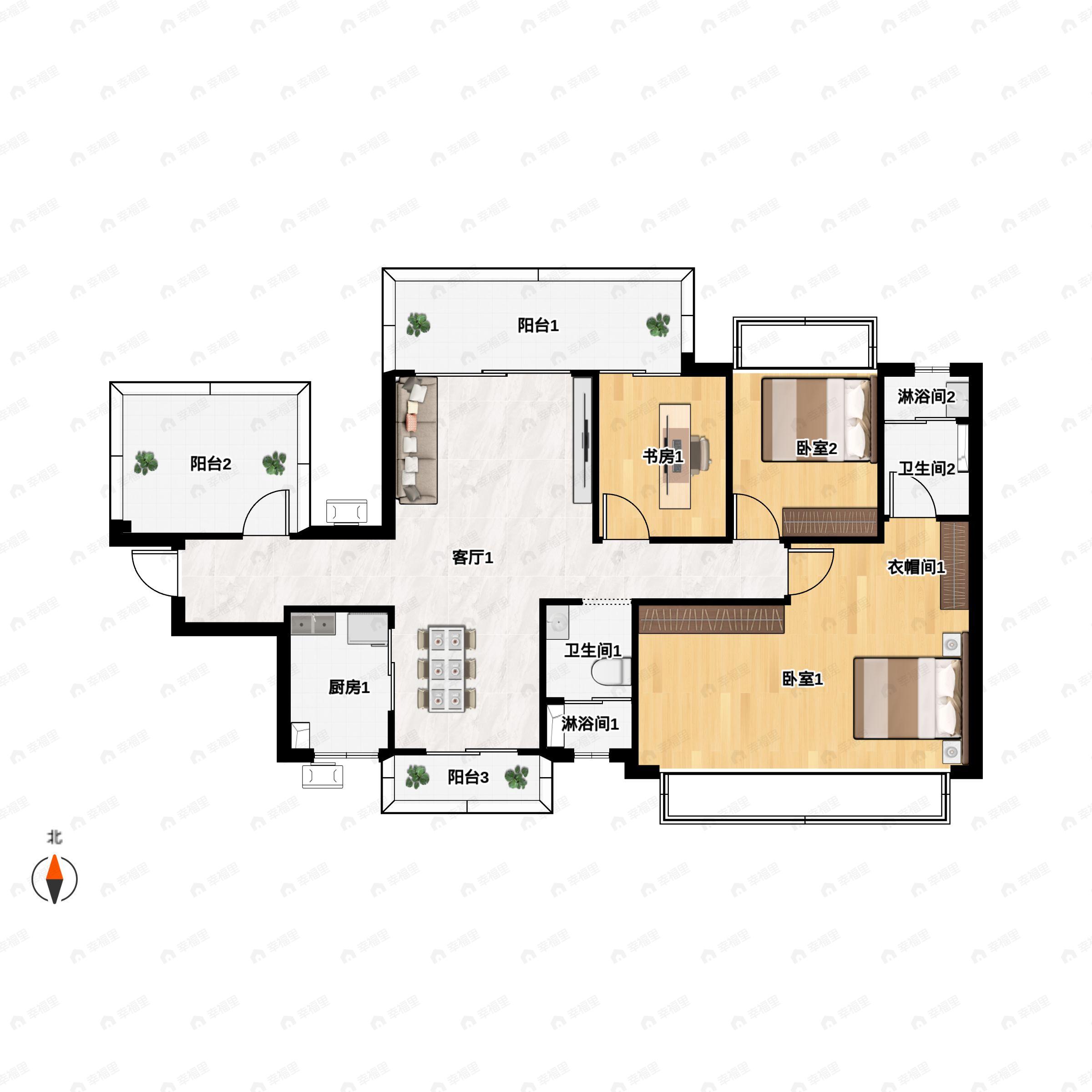 3室2厅2卫建面125平南|北户型图