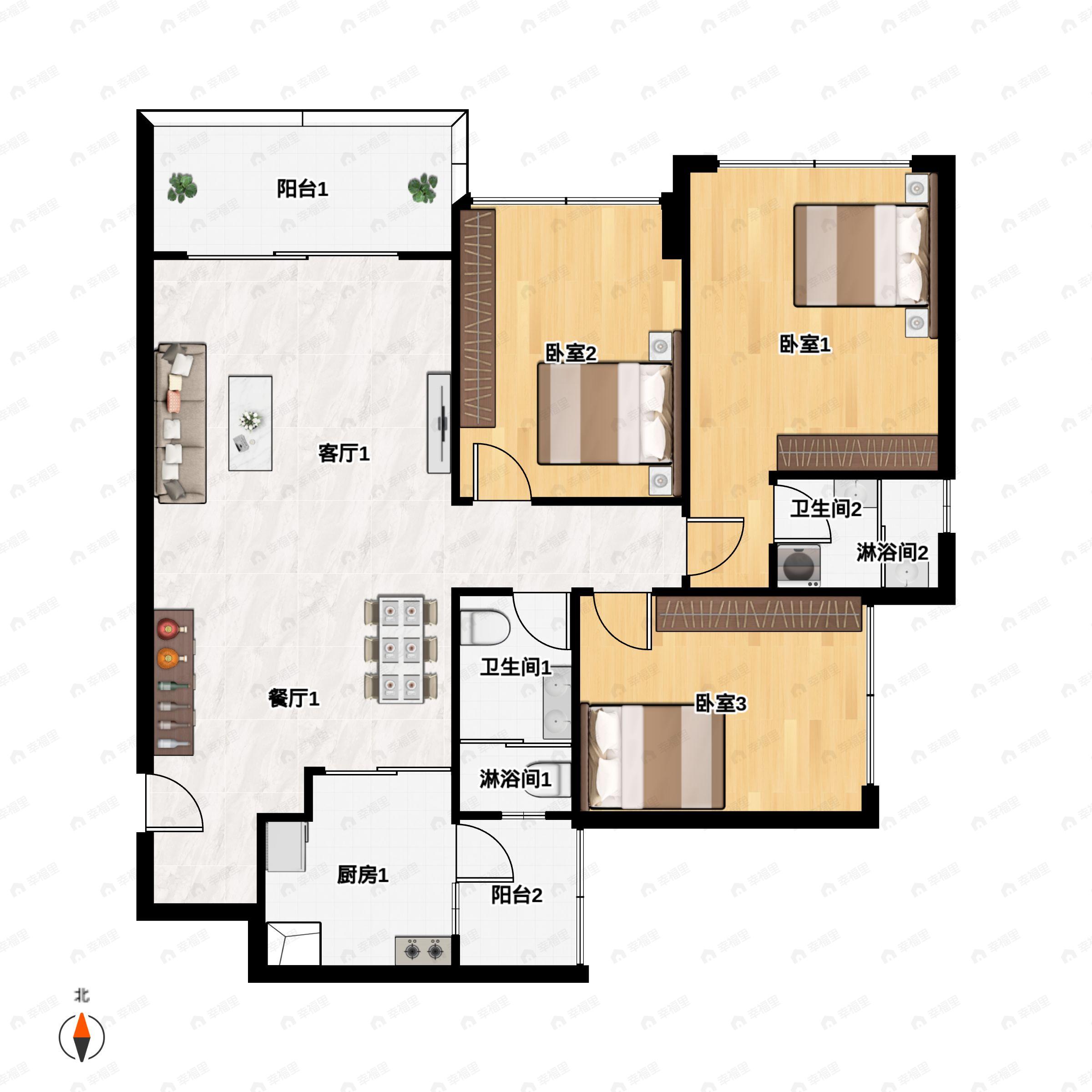 3室2厅2卫建面113平北户型图