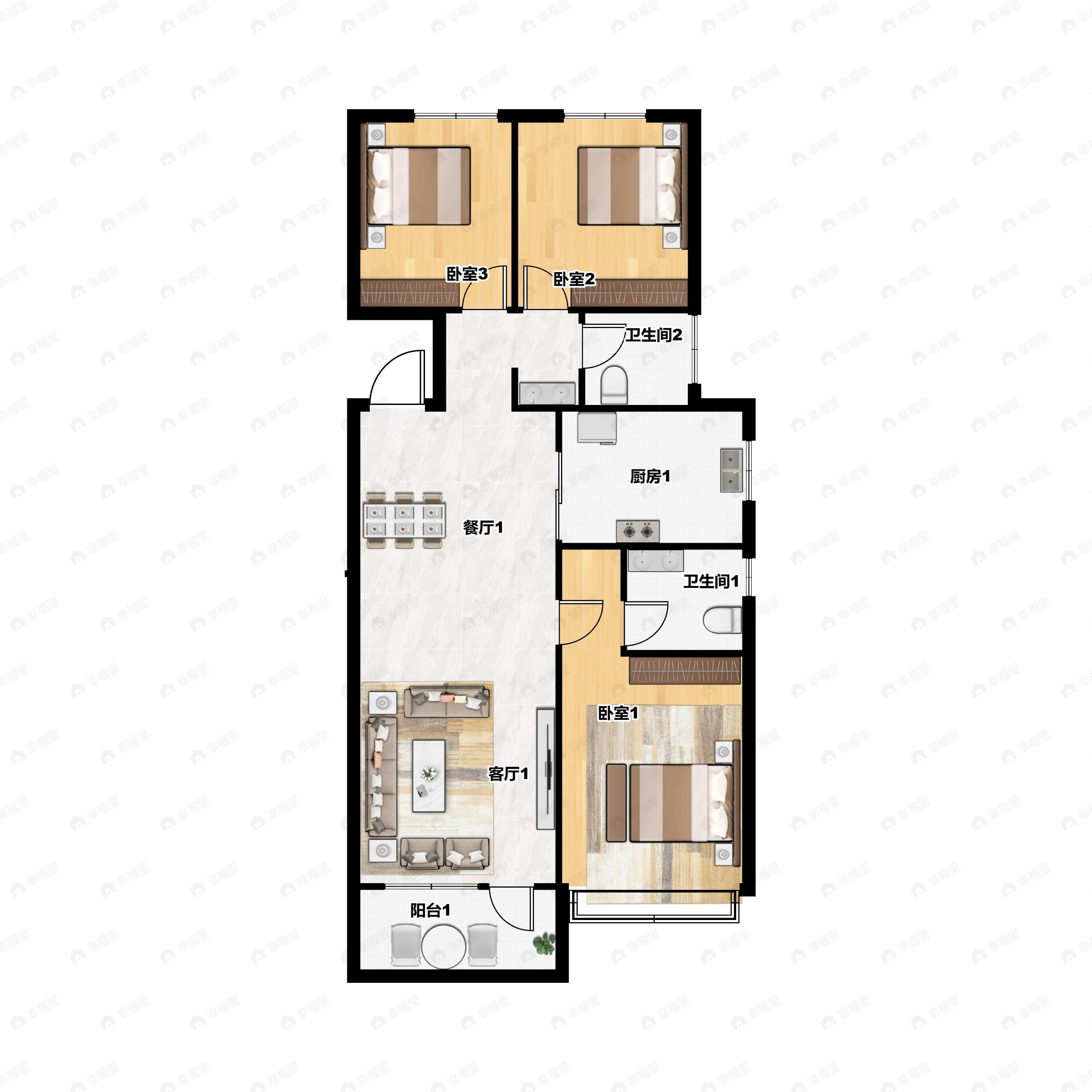 3室2厅2卫建面122平北|南户型图