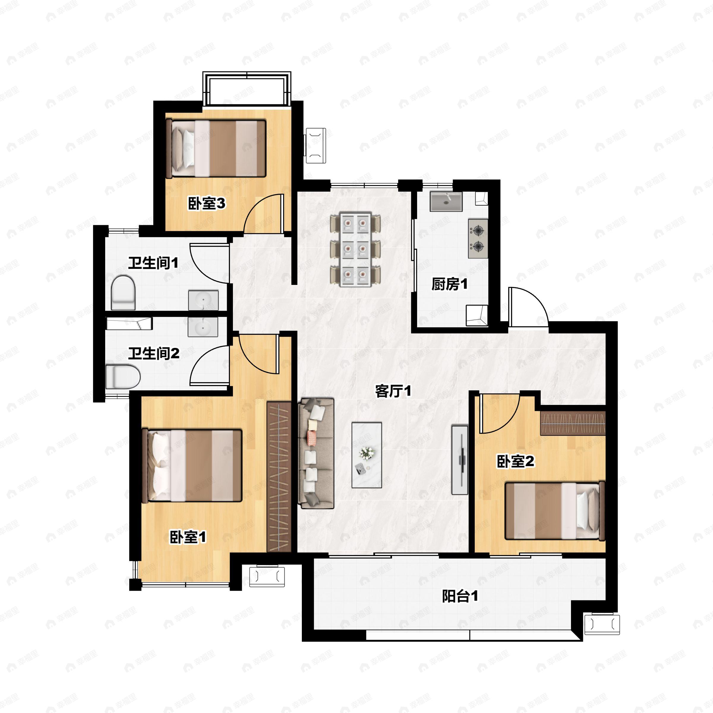 3室2厅2卫建面108平户型图