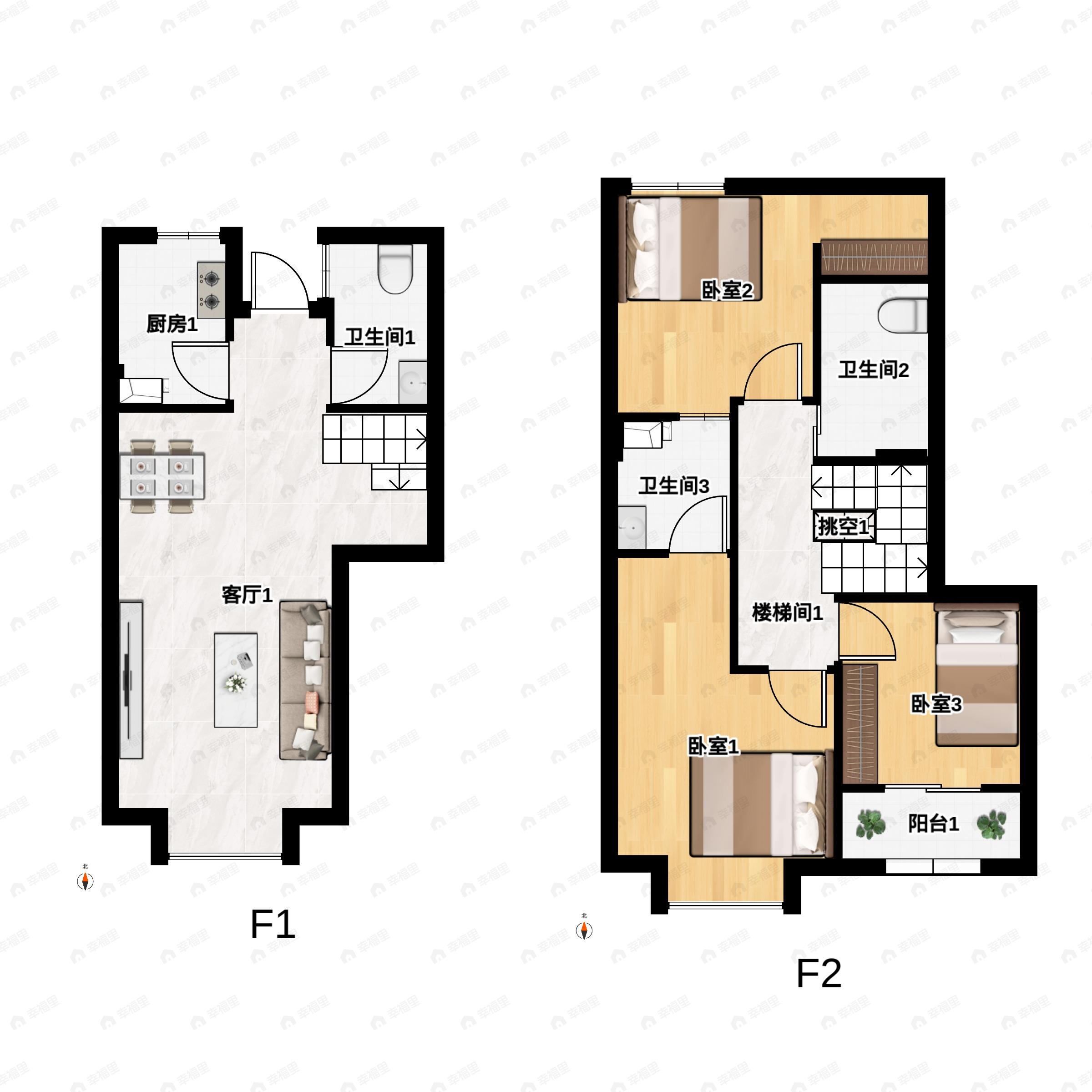 3室2厅3卫建面103平南|北户型图