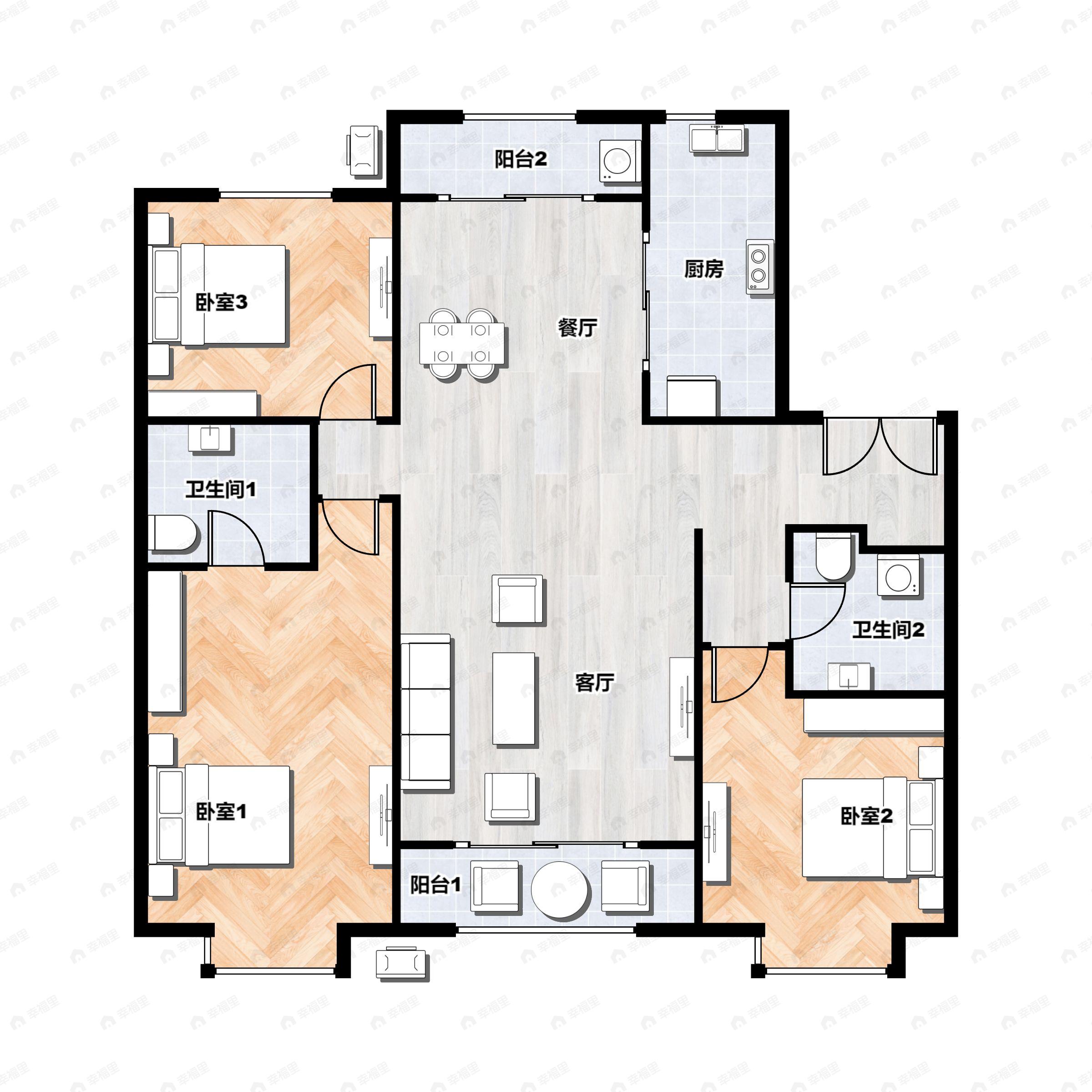 3室2厅2卫建面138平北|南户型图