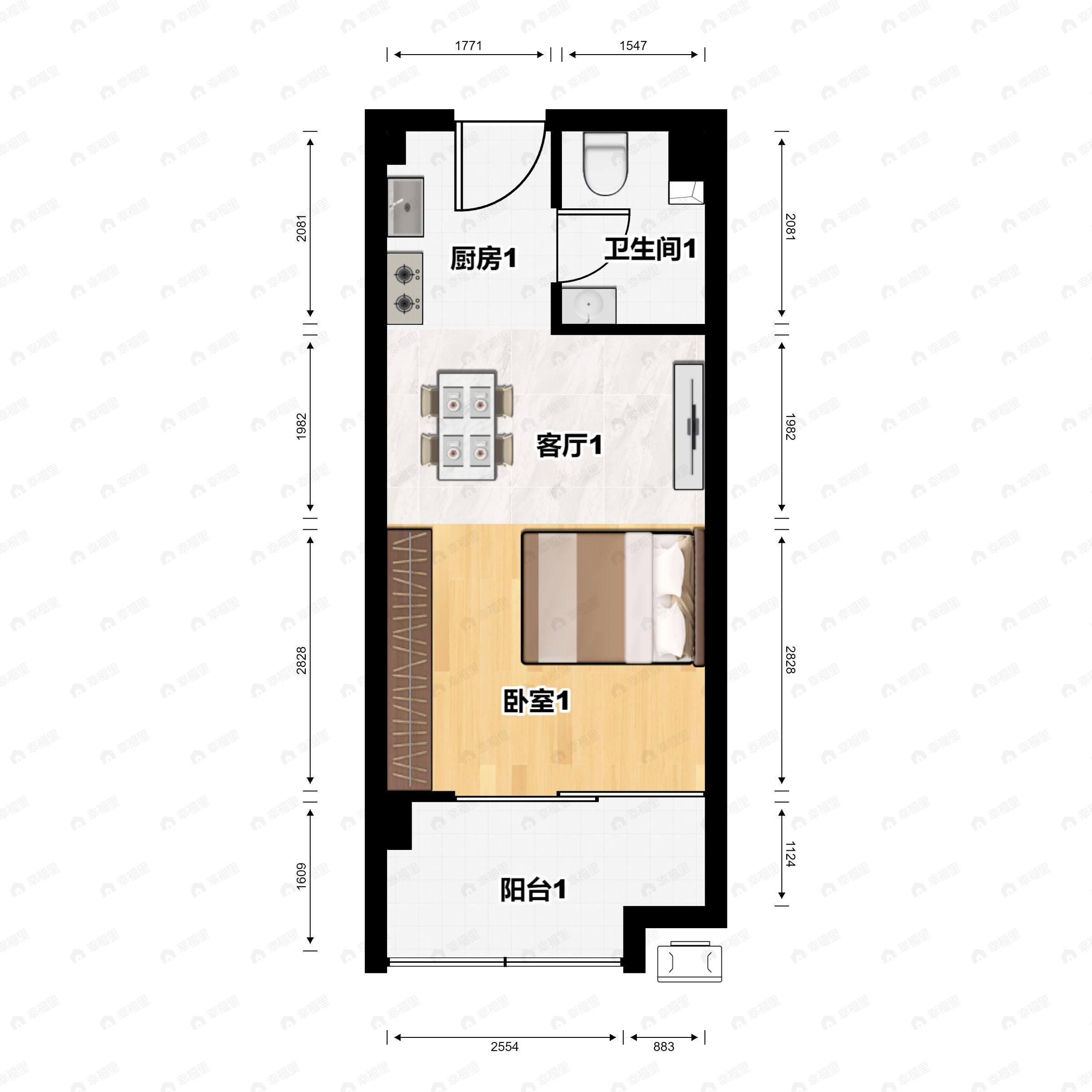 1室1厅1卫建面42m²南户型图