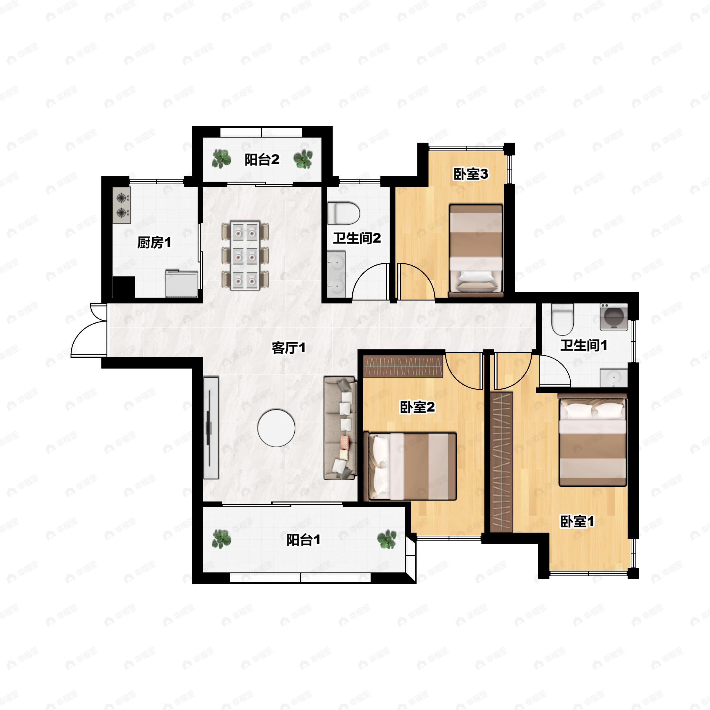 3室2厅2卫建面110平南户型图