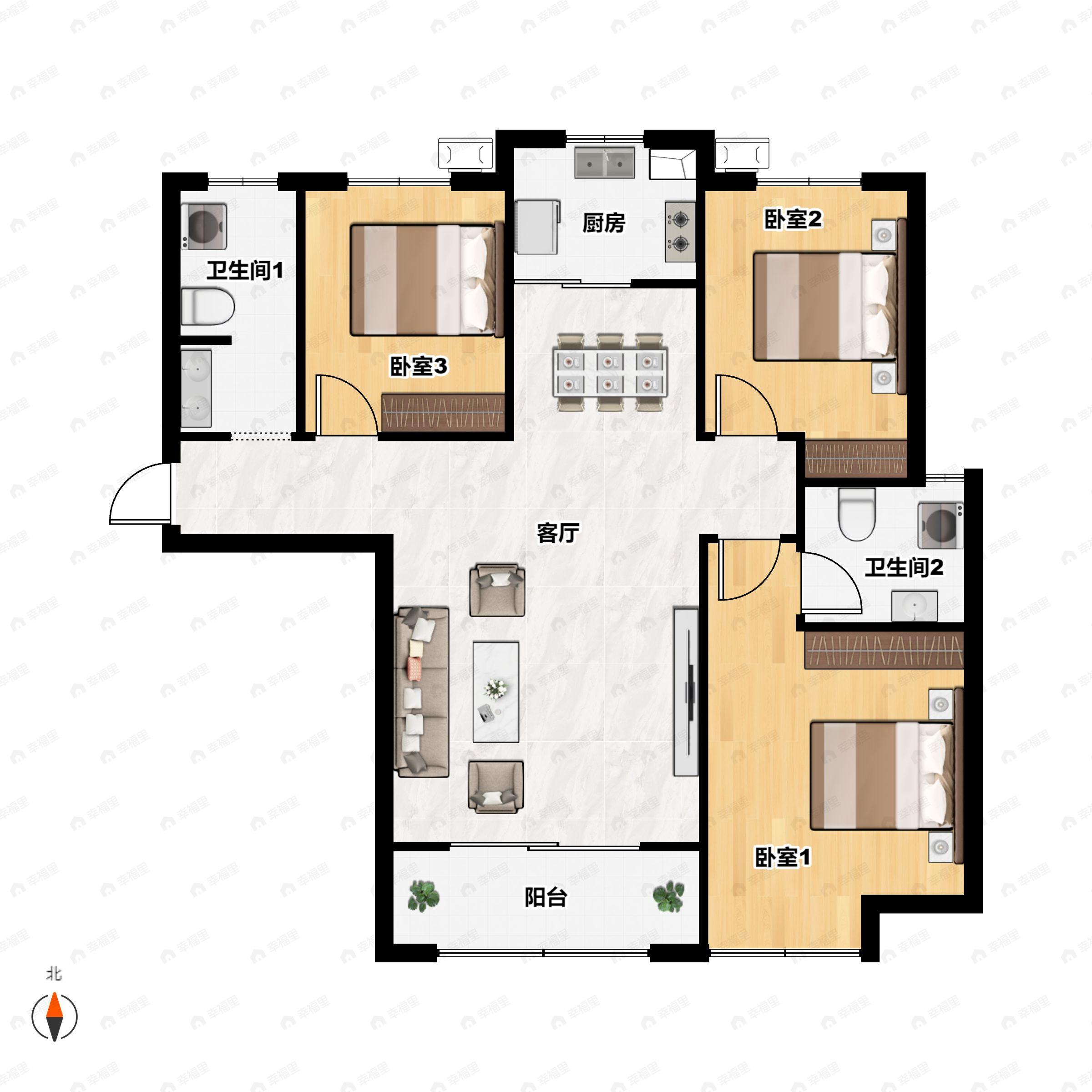3室2厅2卫建面129平南户型图
