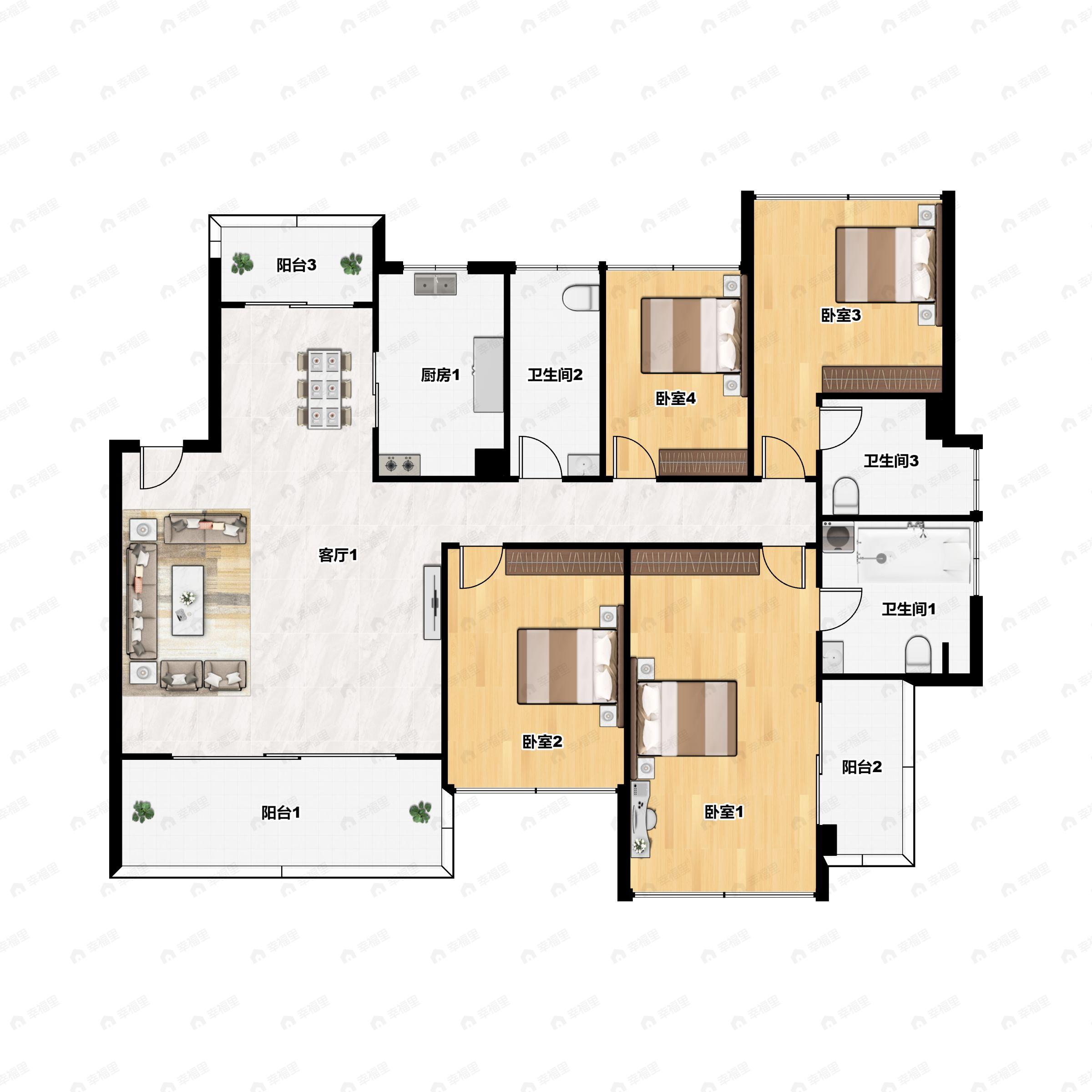 4室2厅3卫建面182平南|北户型图