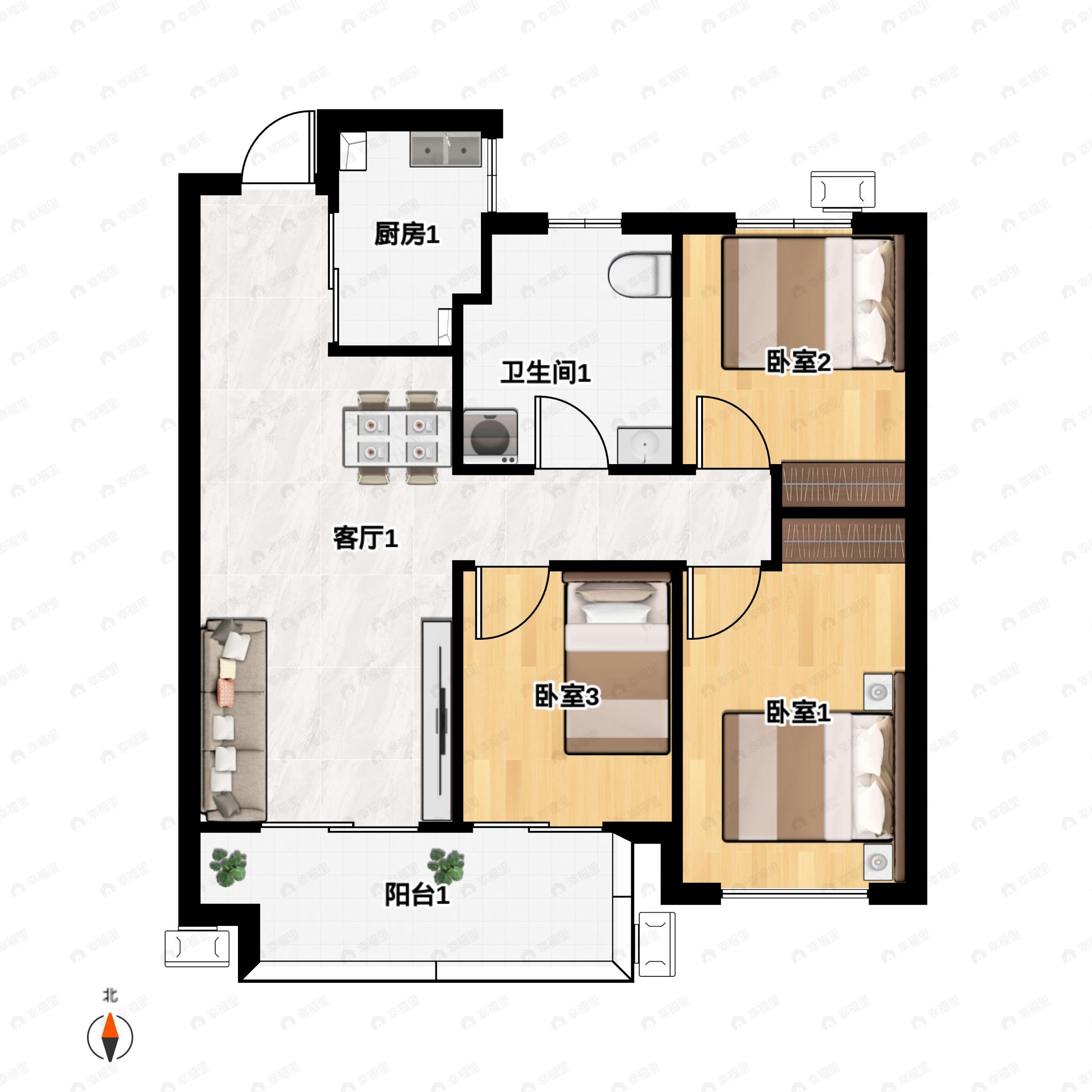 3室2厅1卫建面100平户型图