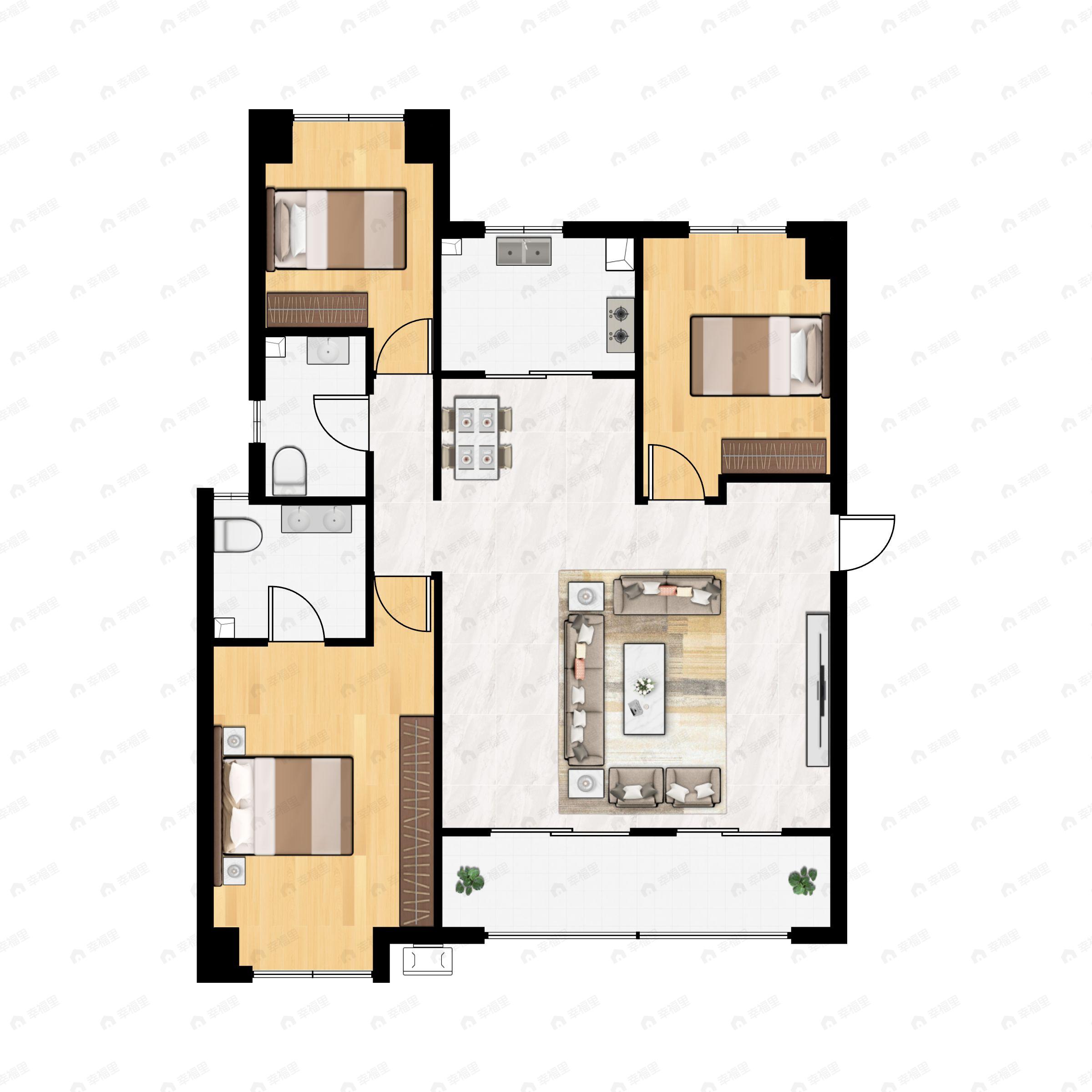 3室2厅2卫建面124平户型图