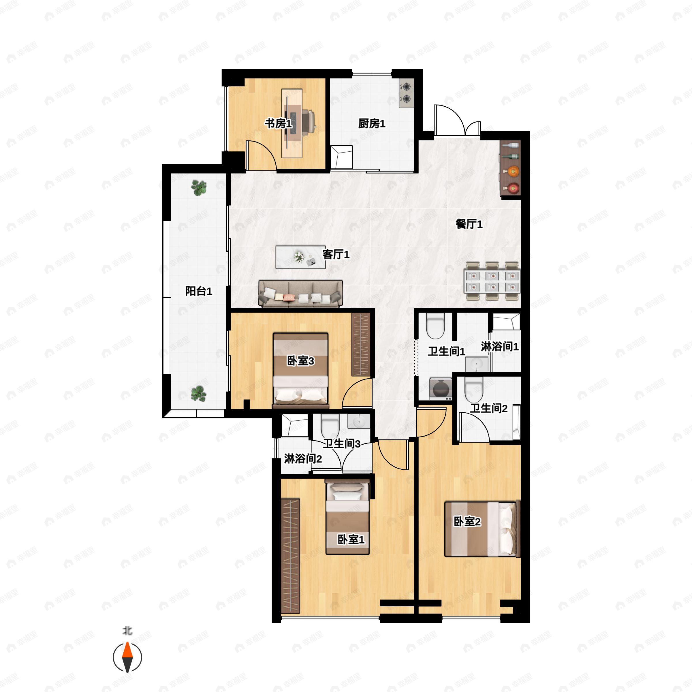 4室2厅3卫建面168平北|南户型图