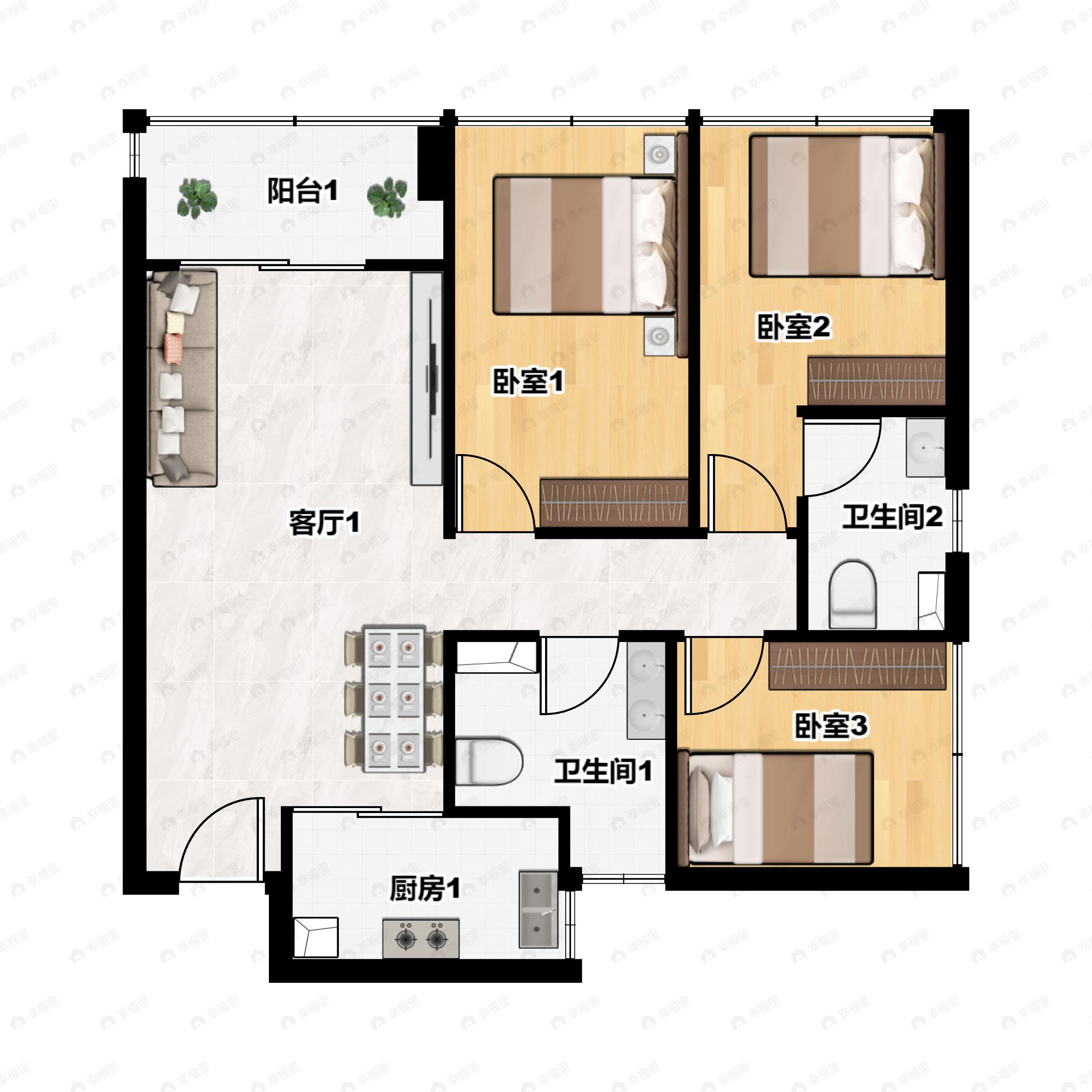 3室2厅2卫建面87平户型图