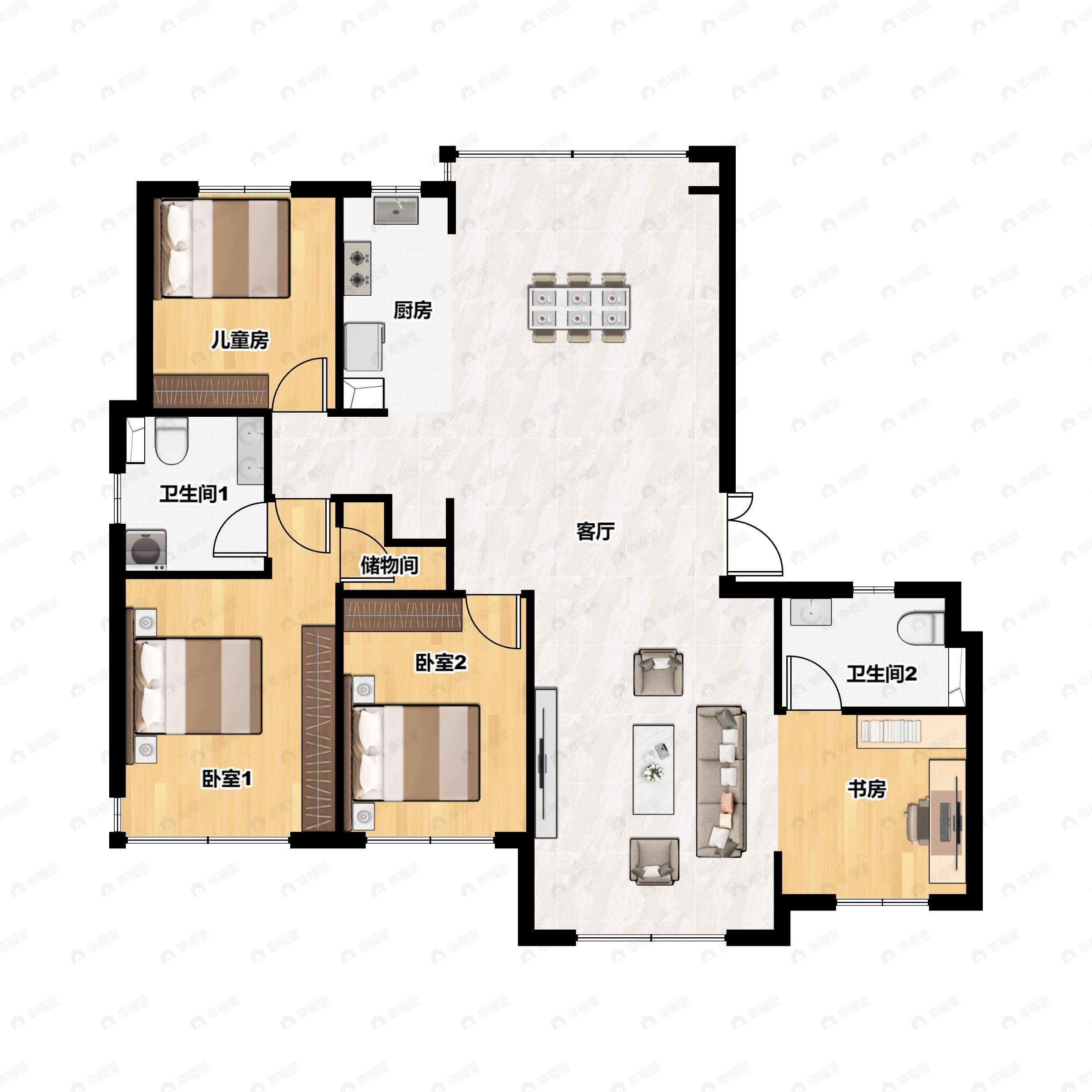 4室2厅2卫建面158平北|南户型图