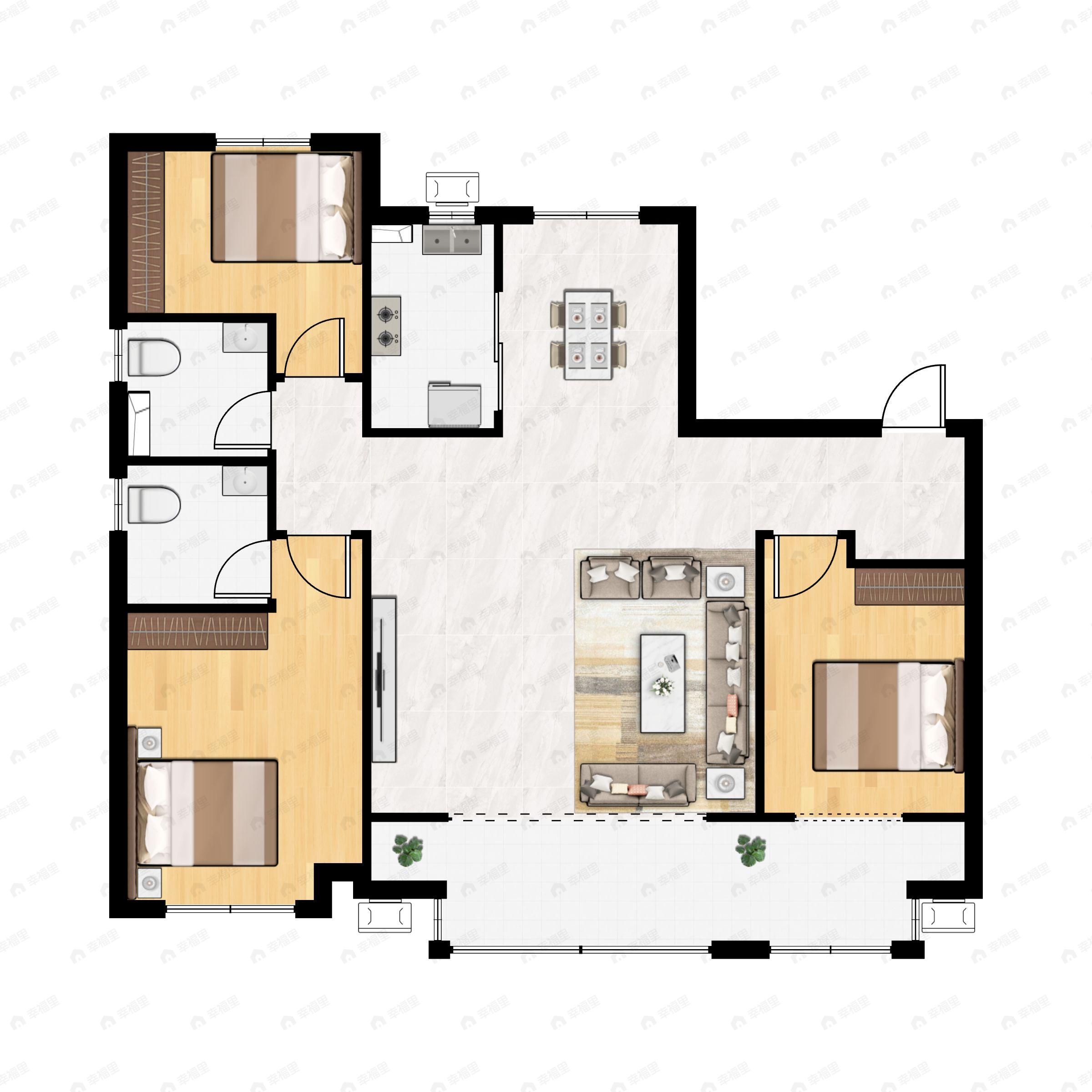 3室2厅2卫建面126m²南|北户型图