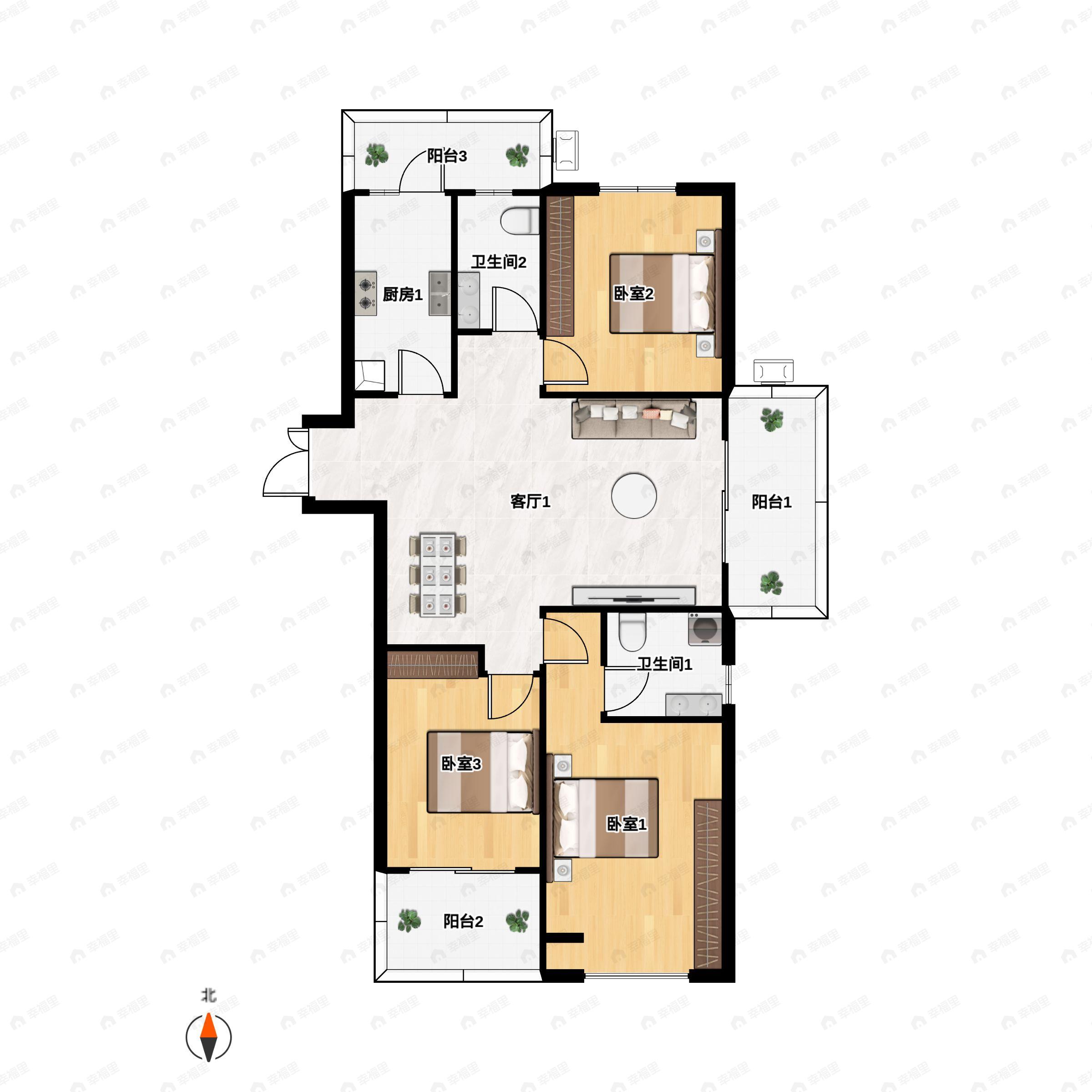 3室2厅2卫建面146平北|南户型图