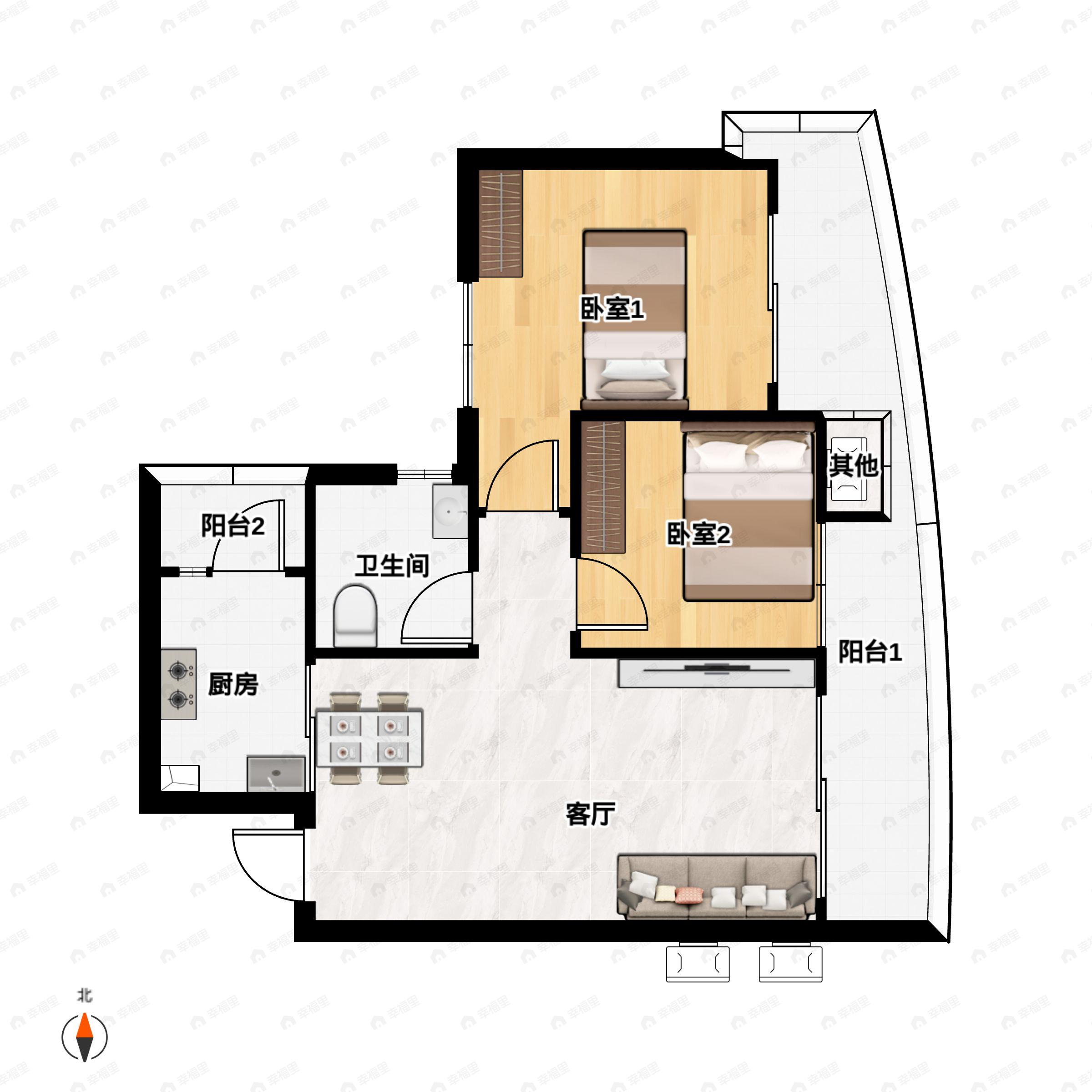 2室1厅1卫建面67平南户型图